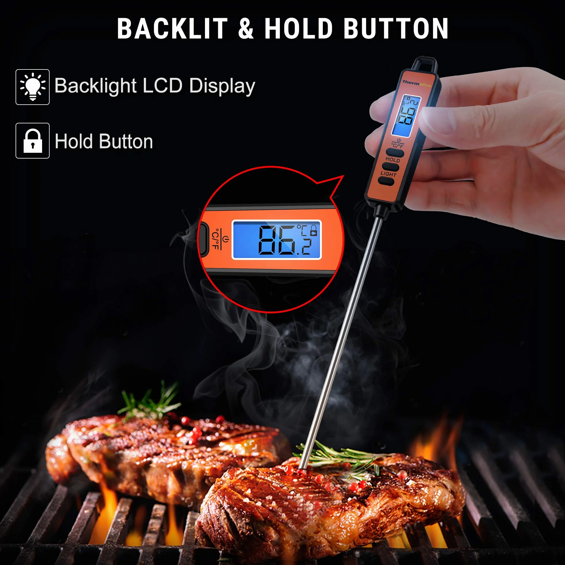 ThermoPro TP01S Termometro da Cucina Digitale Lettura Istantanea Sonda Lunga per Carne Cottura Alimenti Barbecue