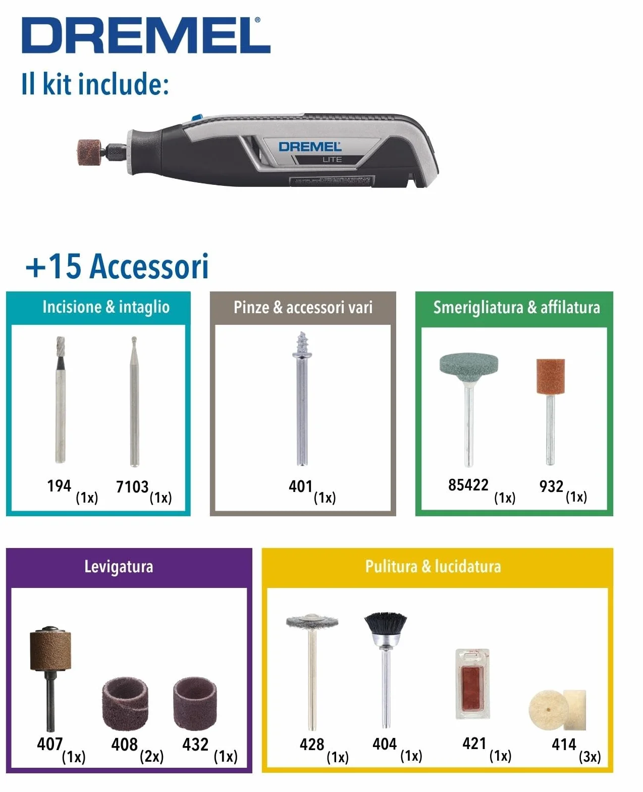 Dremel Lite 7760 Cordless Utensile Multifunzione Rotativo 3.6 V 8.000-25.000 giri/min Kit 15 Accessori