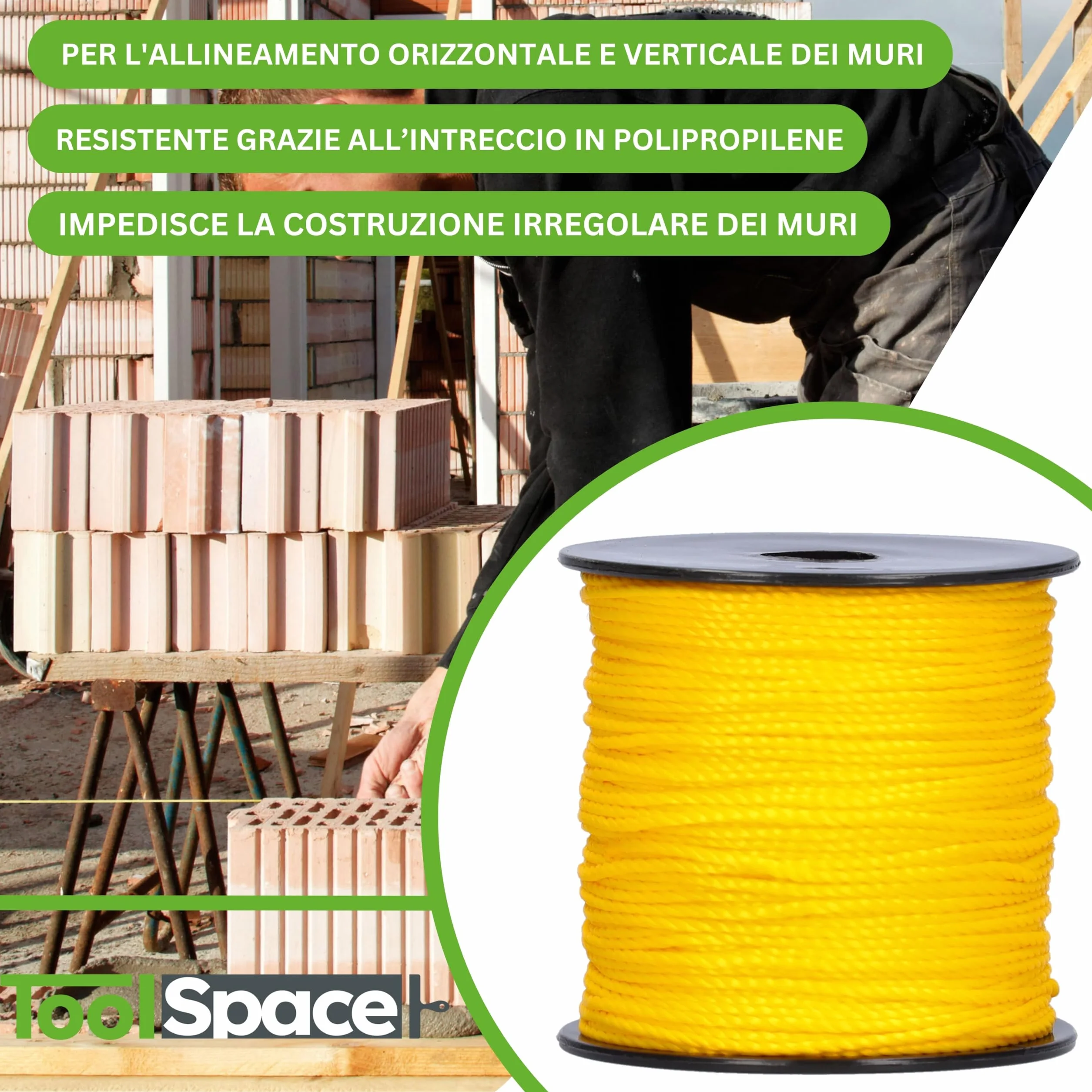ToolSpace Cordone per muratori - 100m x 1,6mm - Giallo - Polipropilene di seta - Cordone di livellamento - Filo a piombo - Cordone per intonaco di forza - durevole e resistente agli strappi