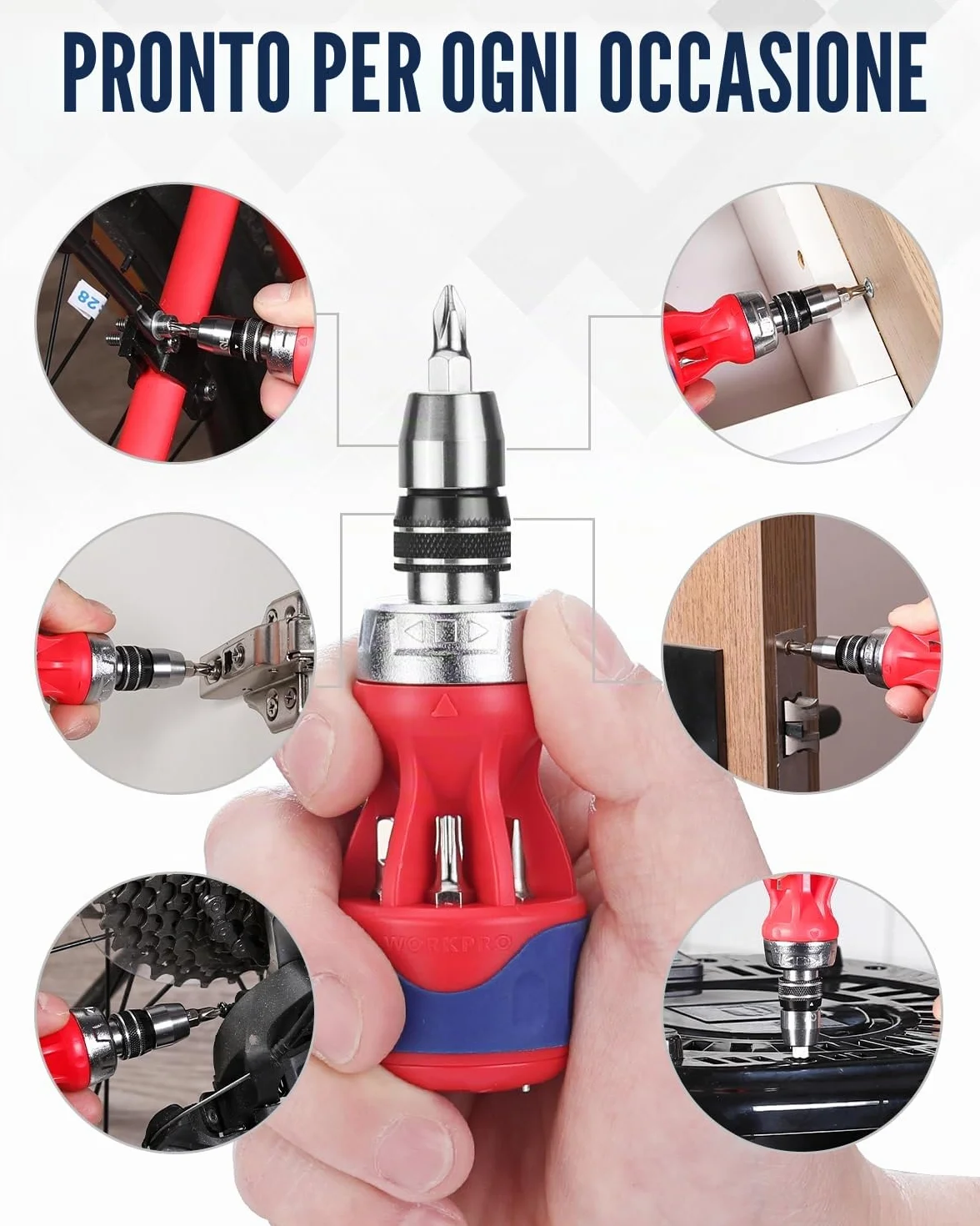 WORKPRO Cacciavite a cricchetto 12 in 1 a più punte tozze, driver a vite corti con meccanismo magnetico, a caricamento rapido, acciaio S2 di alta qualità