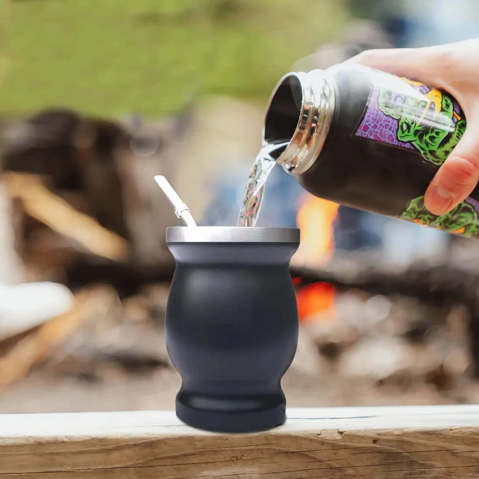 Beruth Zucca Bombilla Yerba Mate Set Tazza Acciaio Inossidabile 8 once Doppia Parete Nera