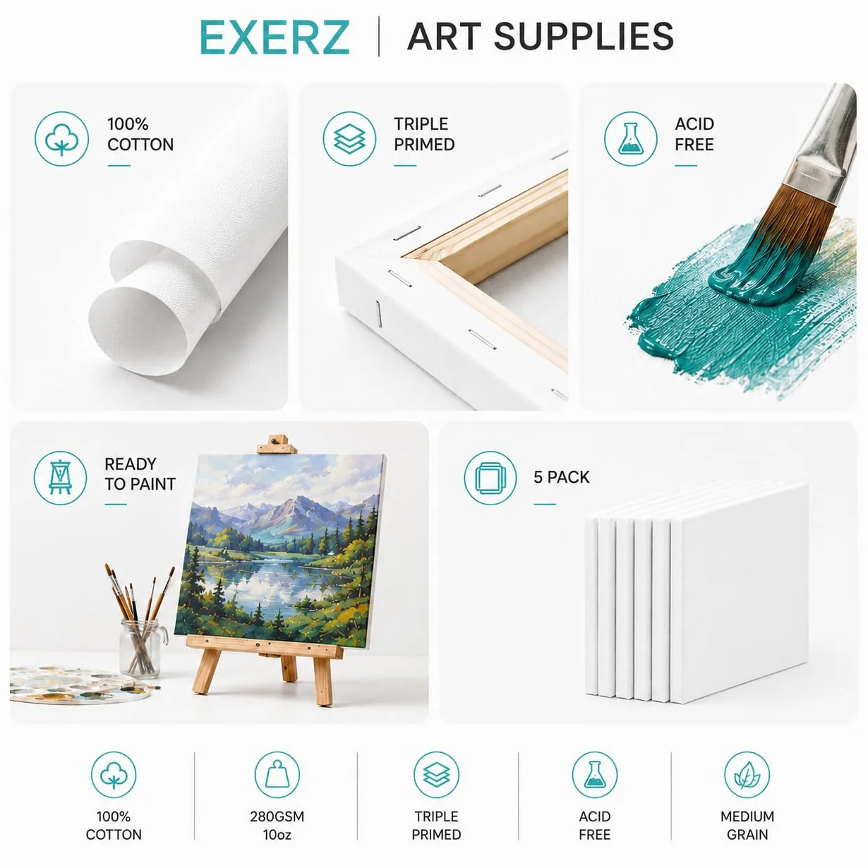 EXERZ 30x40cm Tele Intelaiate 5pz per Pittura per Artisti/Spessore 1.7cm 280GSM/ Tele Prestirate 100% Cotone/Prive di acidi/Bianca/Grana media - Per Dipingere, ad Acrilici, Pittura ad Olio