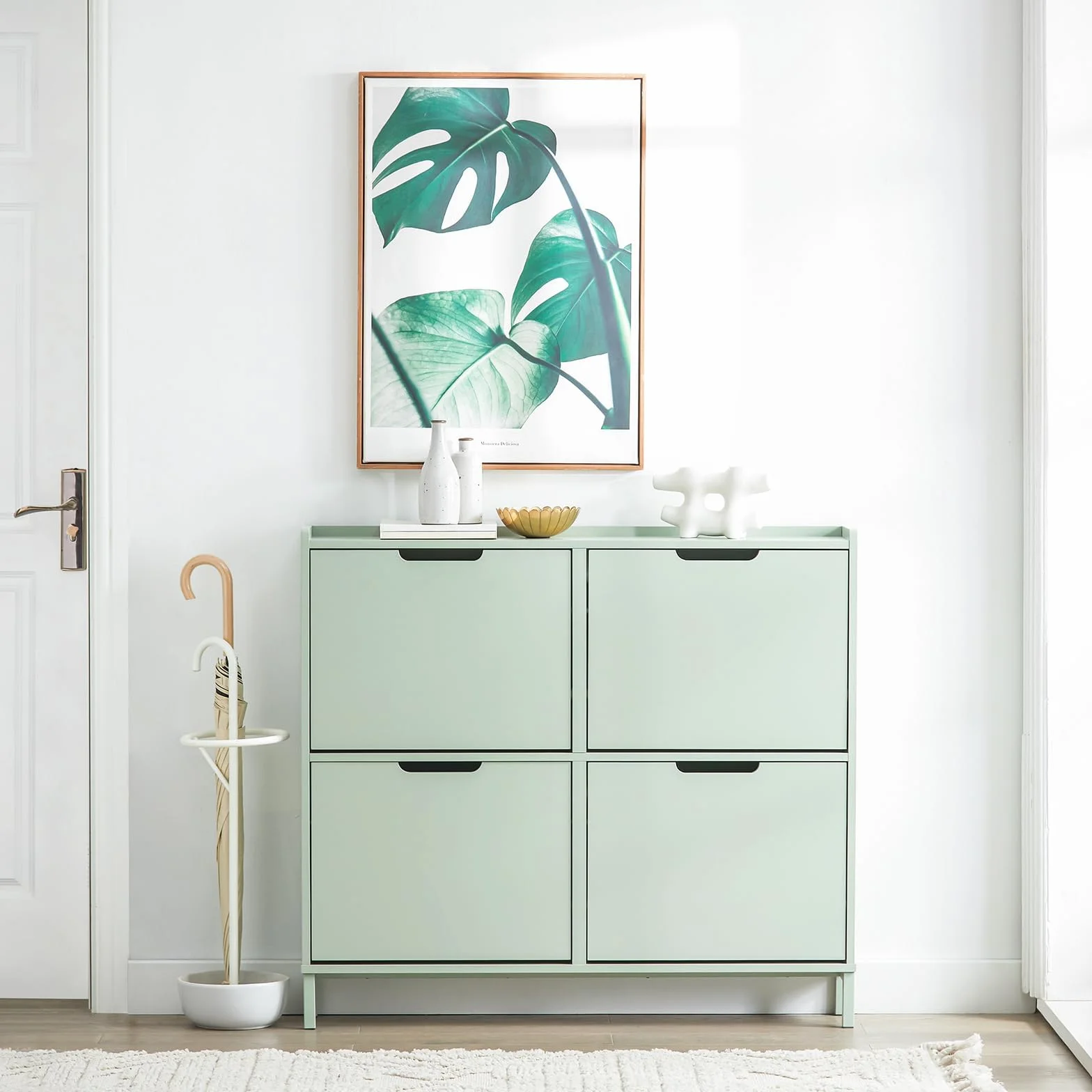 SoBuy Scarpiera Salvaspazio Slim da Ingresso Mobile Portascarpe con 4 Ante a Ribalta Regolabili in Legno Armadio Scarpiera Alta e Stretta per Corridoio, 100x19x91 cm，Verde Chiaro, FSR100-GR