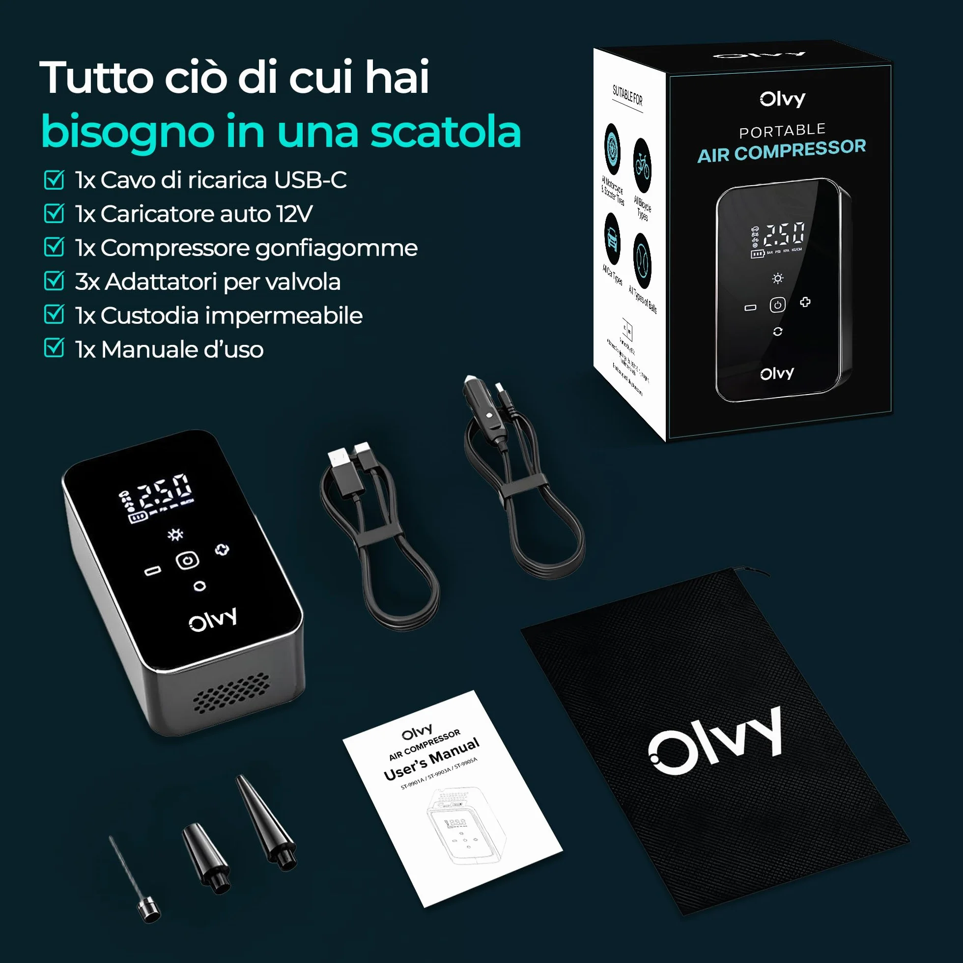 Olvy Compressore d'aria portatile senza fili 12V 6000 mAh Display digitale Luce LED