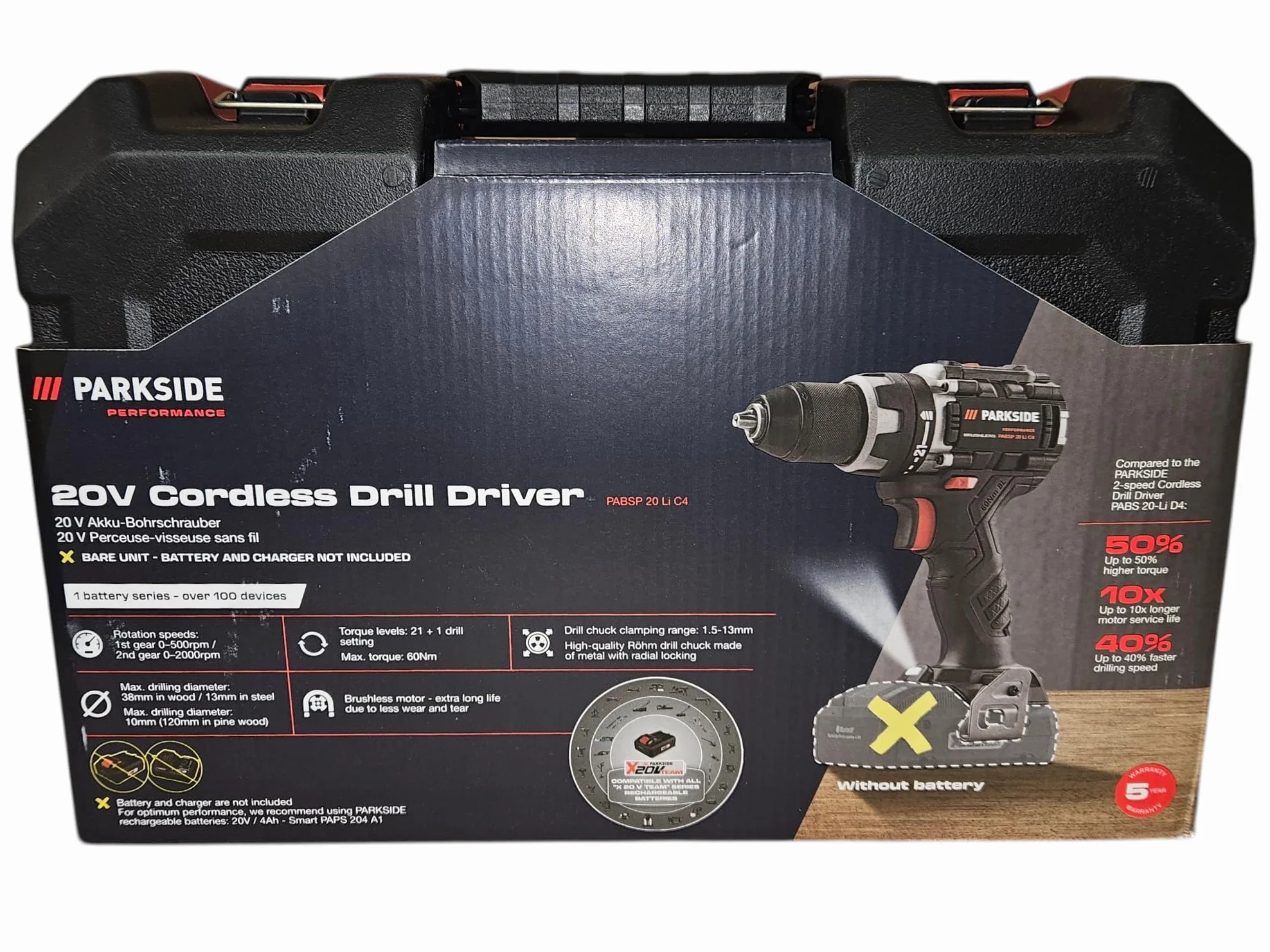 Avvitatore a batteria PARKSIDE PERFORMANCE PABSP 20 Li X20V, senza spazzole, LED, 60 Nm (in valigetta di trasporto, senza batteria e caricatore)