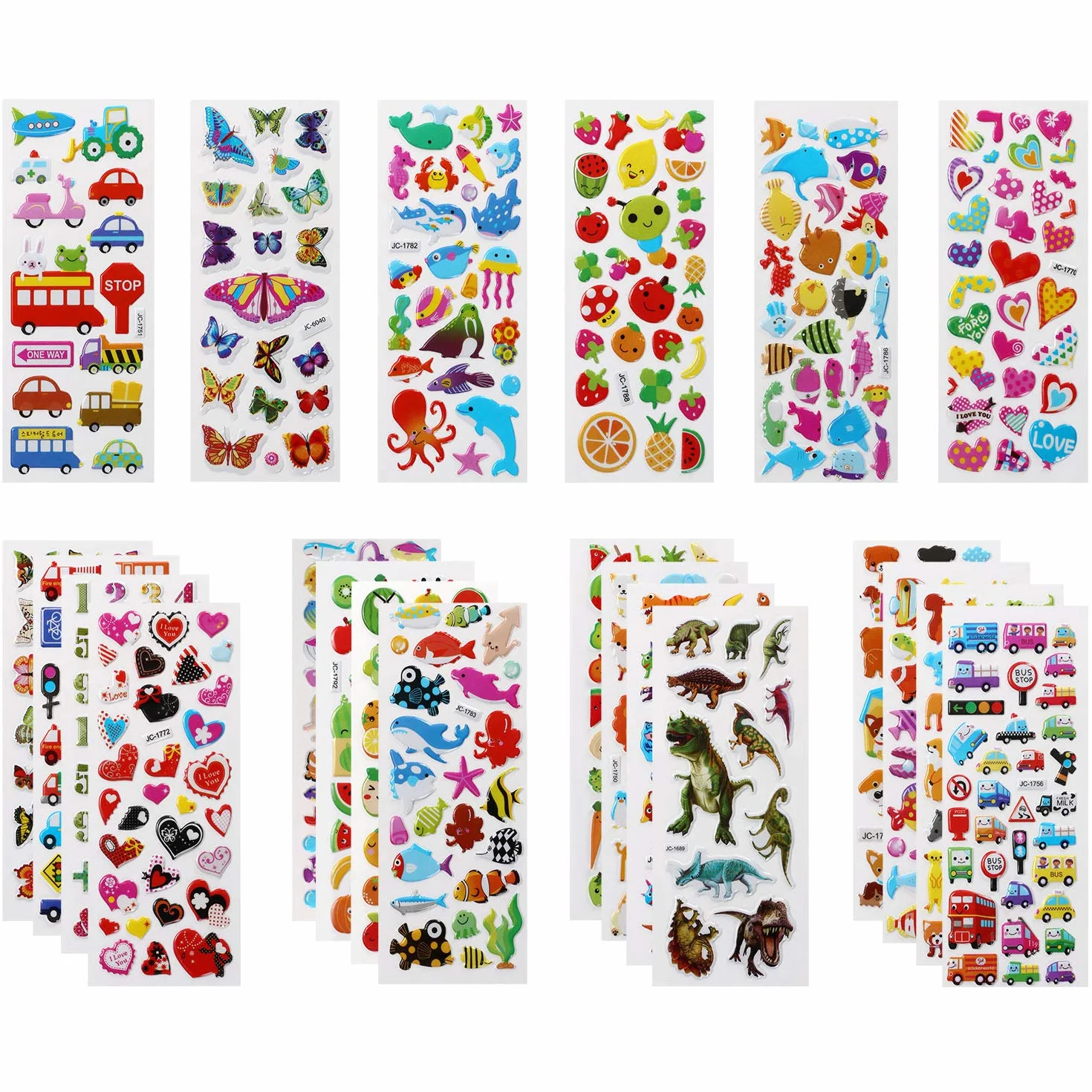 Vicloon Adesivi 550+ Adesivi 3D, Puffy Adesivis per Regali Gratificanti Scrapbooking Inclusi Animali, Pesci, Dinosauri, Numeri, Frutta, Camion, Aeroplani e Altro(22 Fogli)