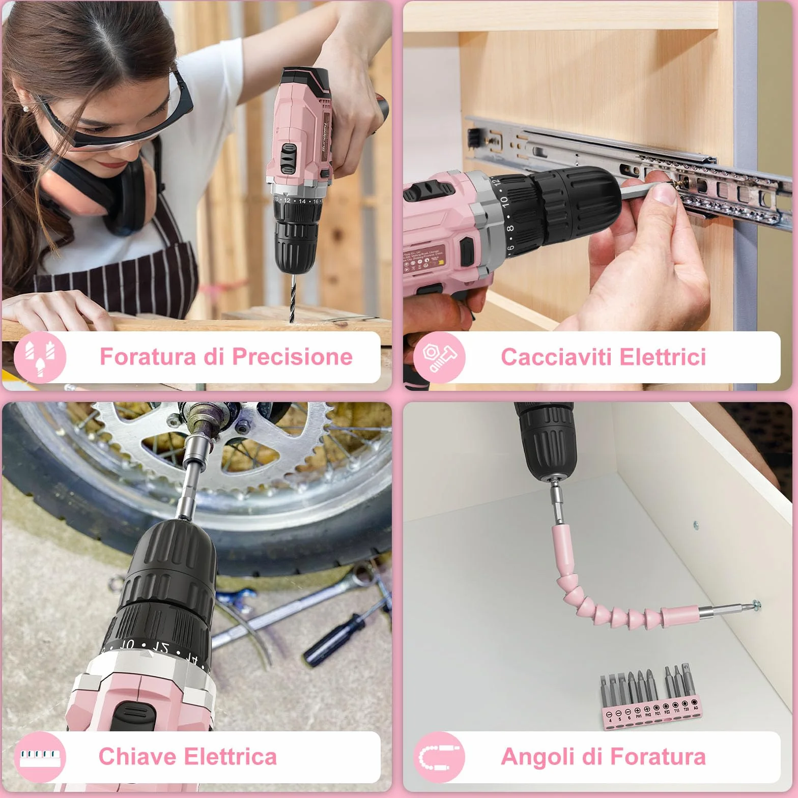 Trapano Avvitatore Batteria 12V - Sundpey Cassetta Attrezzi Completa 206 Pezzi con Trapano a Percussione, Set Attrezzi da Lavoro con Set Completo di Punte per la Decorazione Della Casa Rose