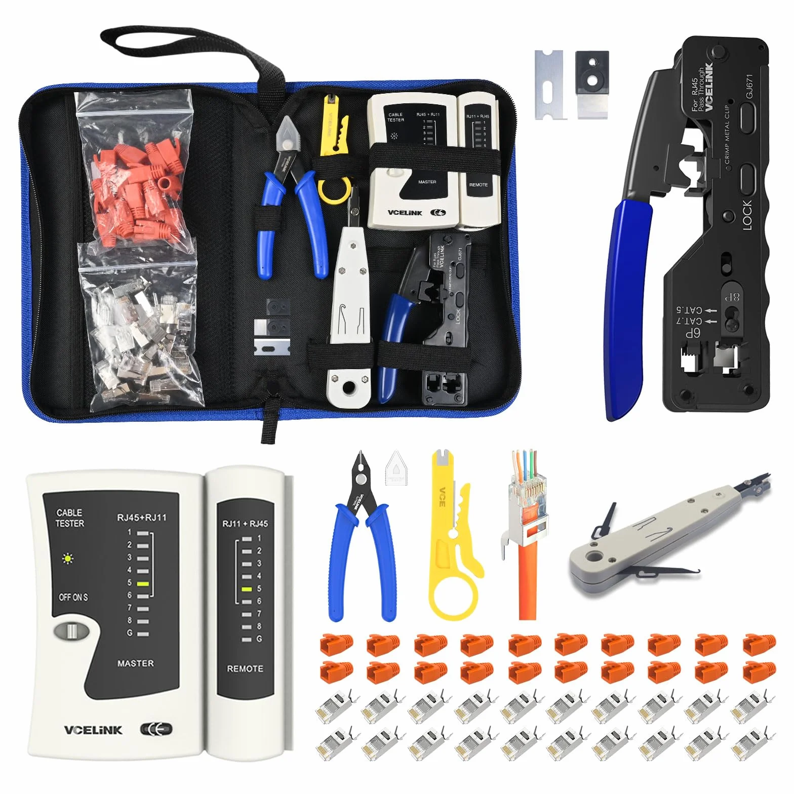 VCELINK 45 in 1 Pinza Crimpatrice RJ45, Strumenti Kit di Rete Professionali, Manutenzione del Computer Kit, Tester Lan e 20 Connettori RJ45 Passanti Cat7, Strumenti di Riparazione
