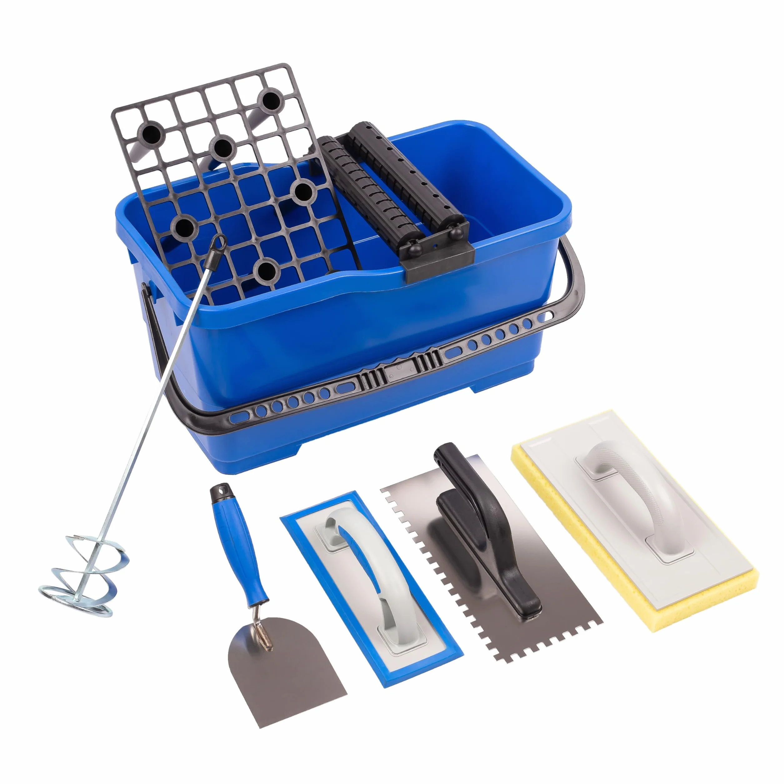 MIVOS Set per lavaggio piastrelle 6 pezzi - professionale - cazzuola da stuccatore - Cazzuola dentata - Tavola di spugna - Tavola per grattugiare - Secchio 22L - Miscelatore per malta
