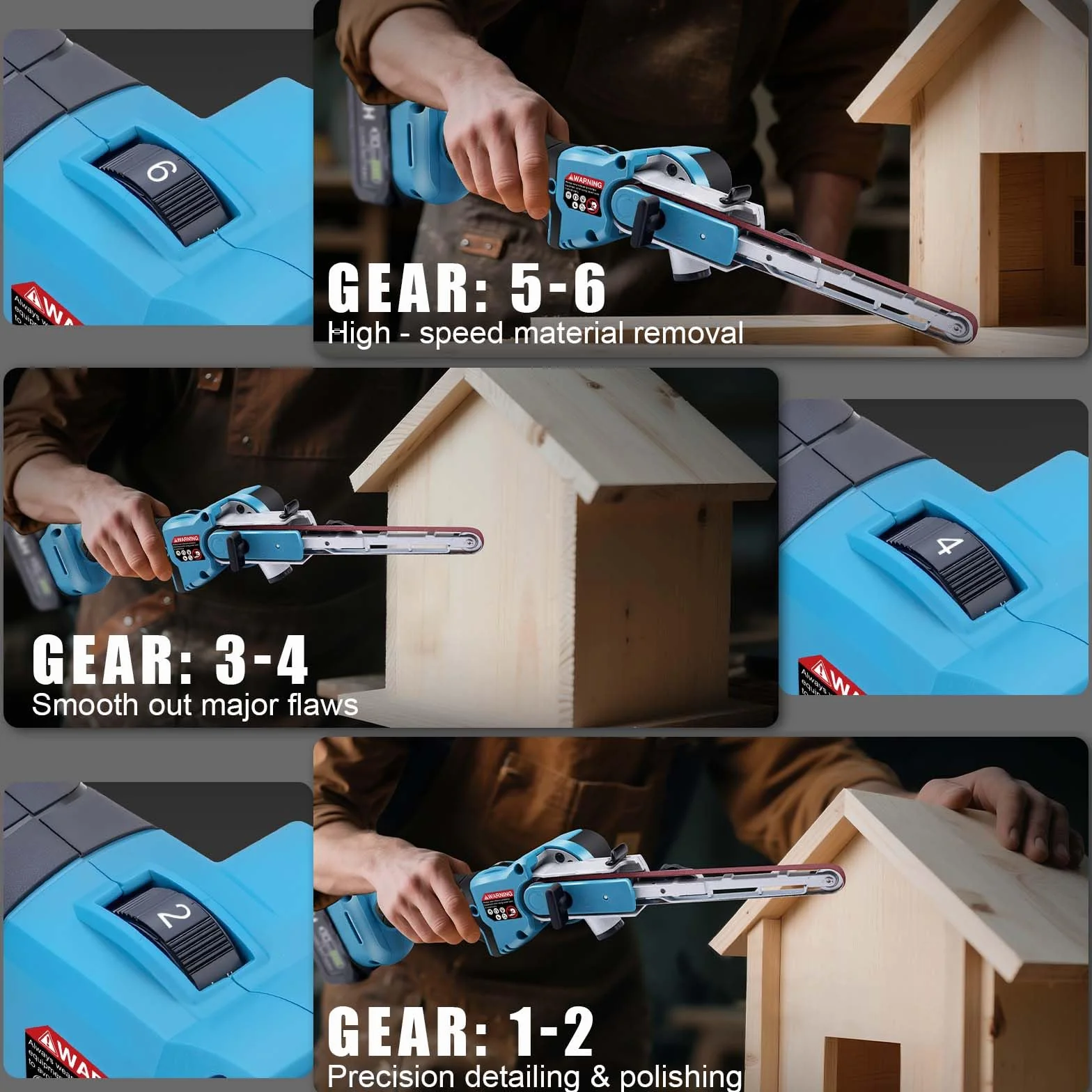 Levigatrice a nastro senza fili compatibile con batteria Makita 18V, levigatrice per dettagli senza spazzole con 6 velocità, bracci abrasivi da 3/8" e 1/2" e 16 nastri abrasivi (40/60/80/120#) per