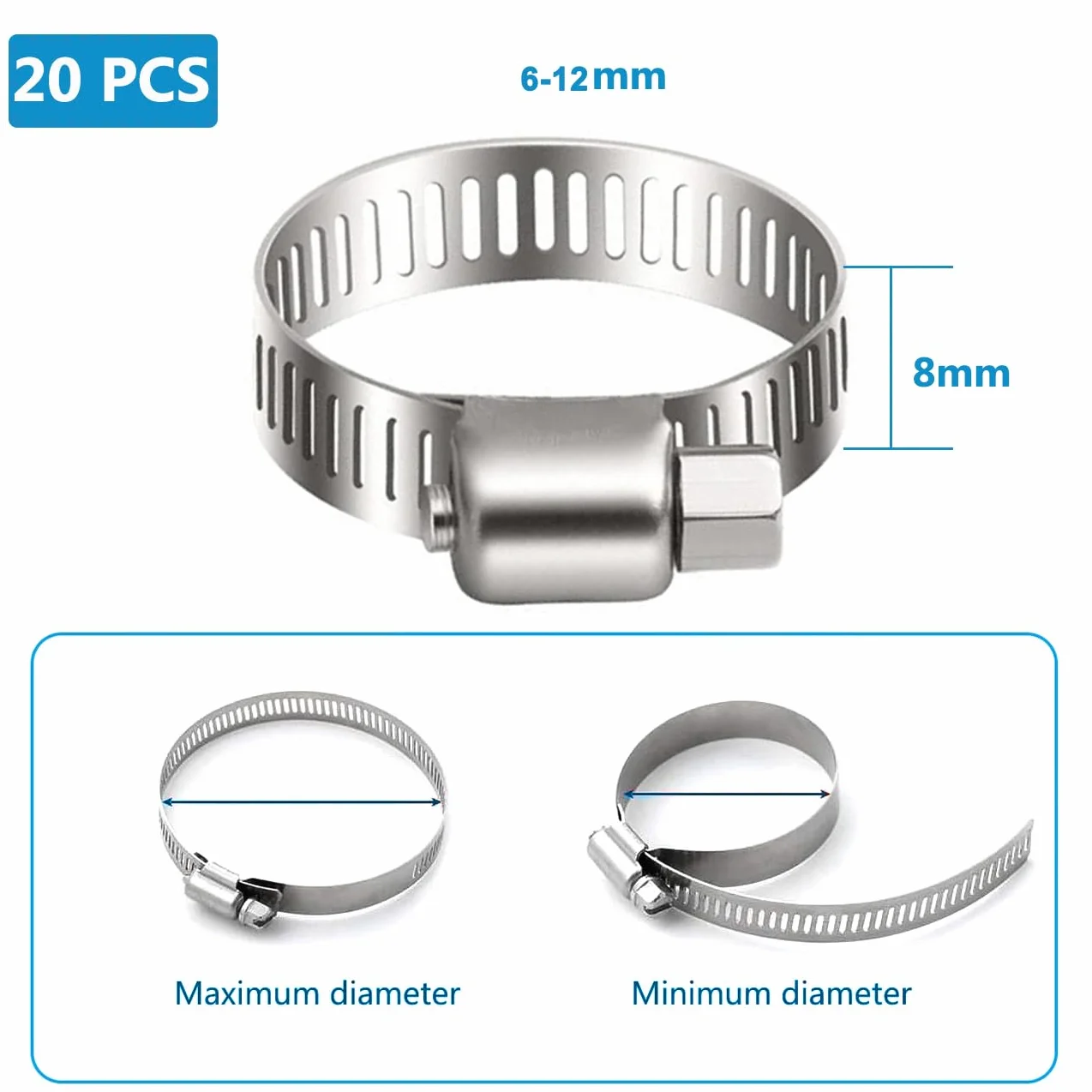 20 pezzi Fascette stringitubo in acciaio inox, 6-12mm morsetti per tubi a vite senza fine, morsetto per tubi, tubo del carburante, morsetto per tubazioni idrauliche, piscine, auto
