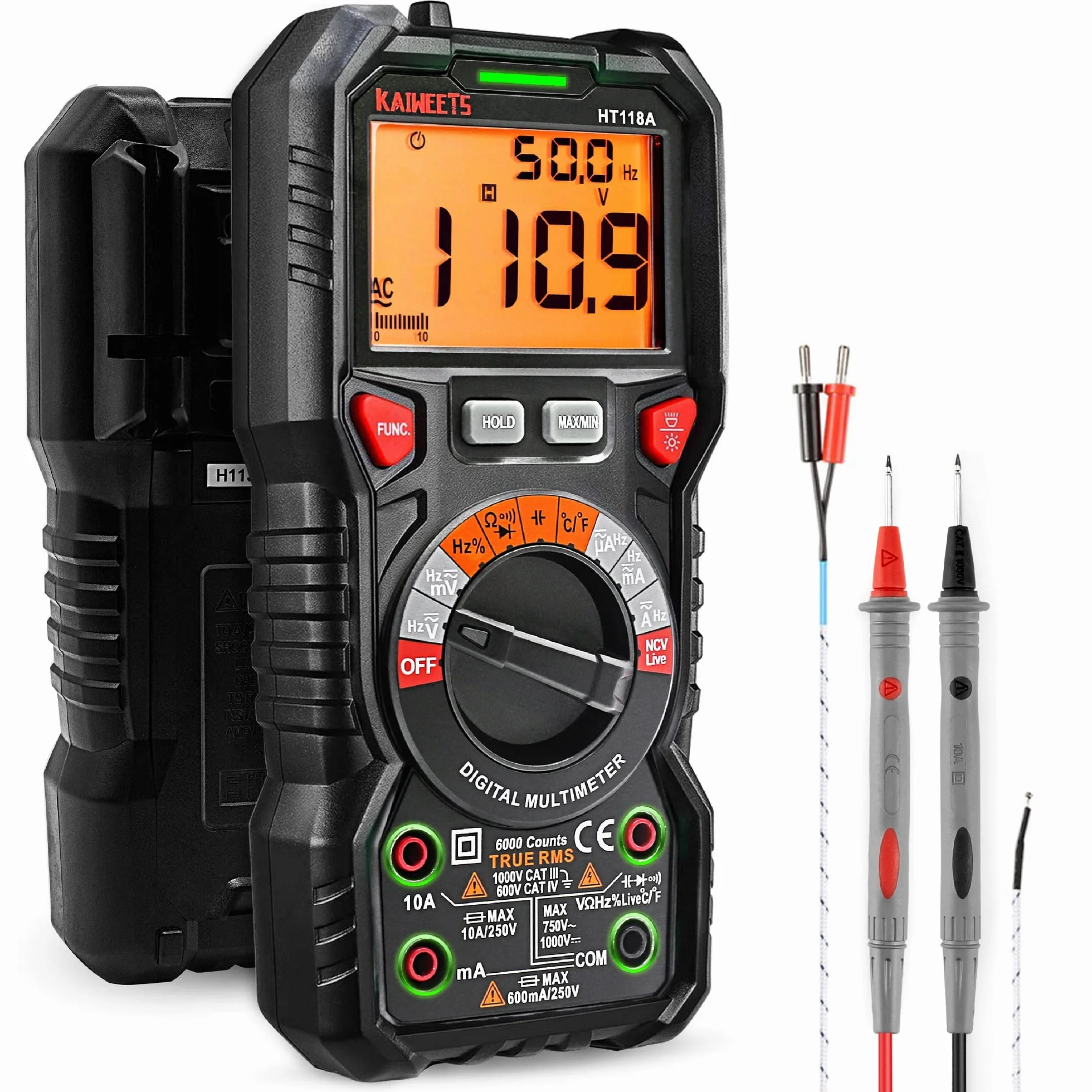 Multimetro digitale professionale automatico, TRMS 6000 Conti (prompt jack LED), Tester Elettrico, Tensione / Corrente / Resistenza / Capacità / Temperatura / Frequenza - KAIWEETS