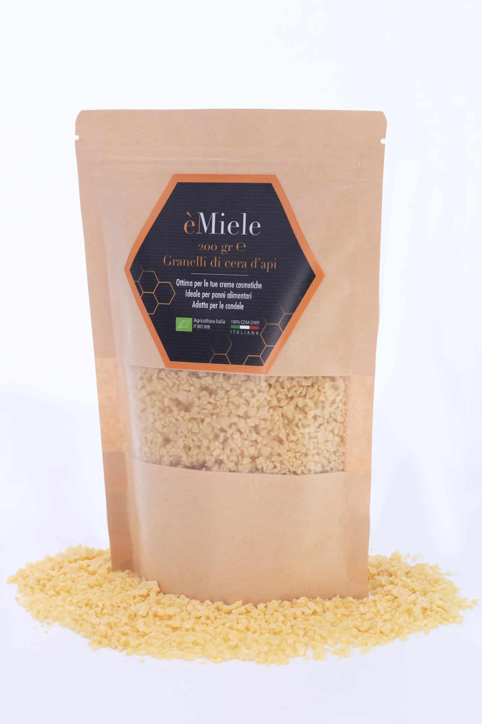 èMiele - 200 gr di granelli di pura cera d'api, biologica, italiana, ideale per cosmetici, panni di cera alimentari e candele