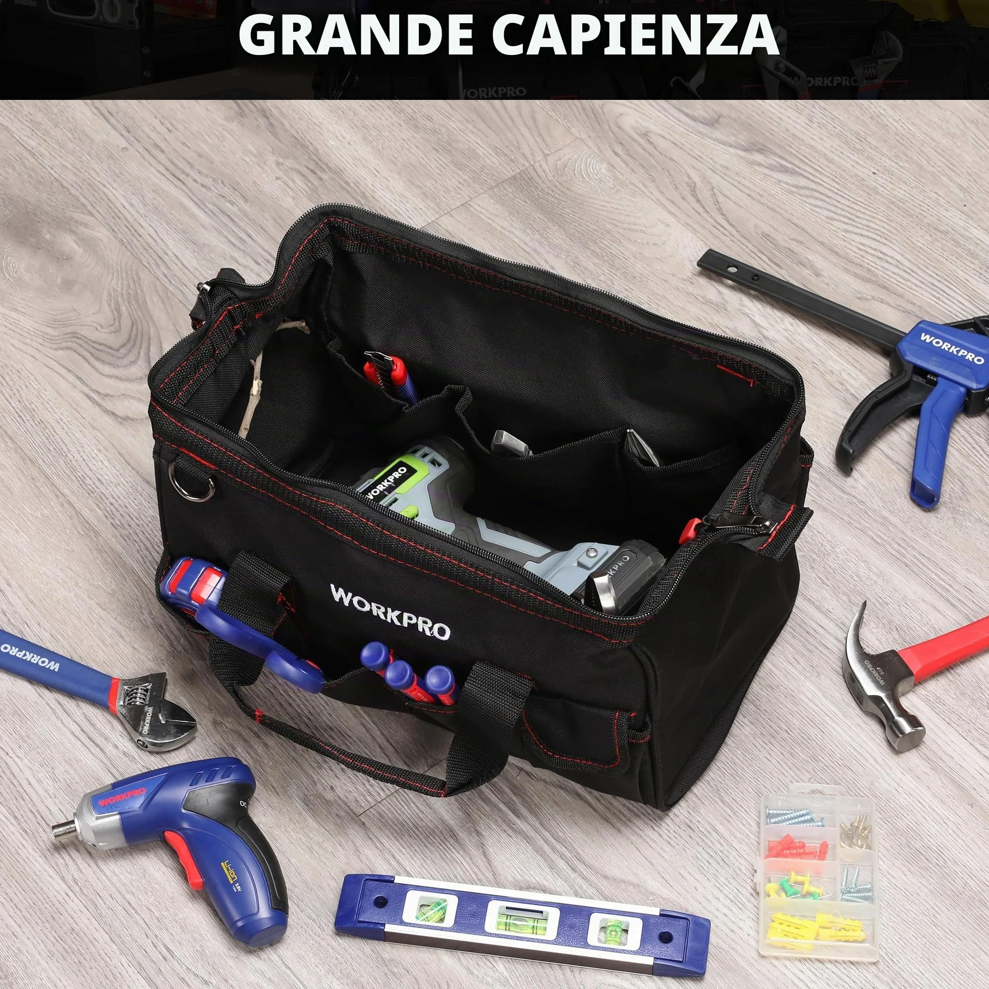 Workpro Borsa porta utensili 14’’ ad apertura larga con base anti-umidità