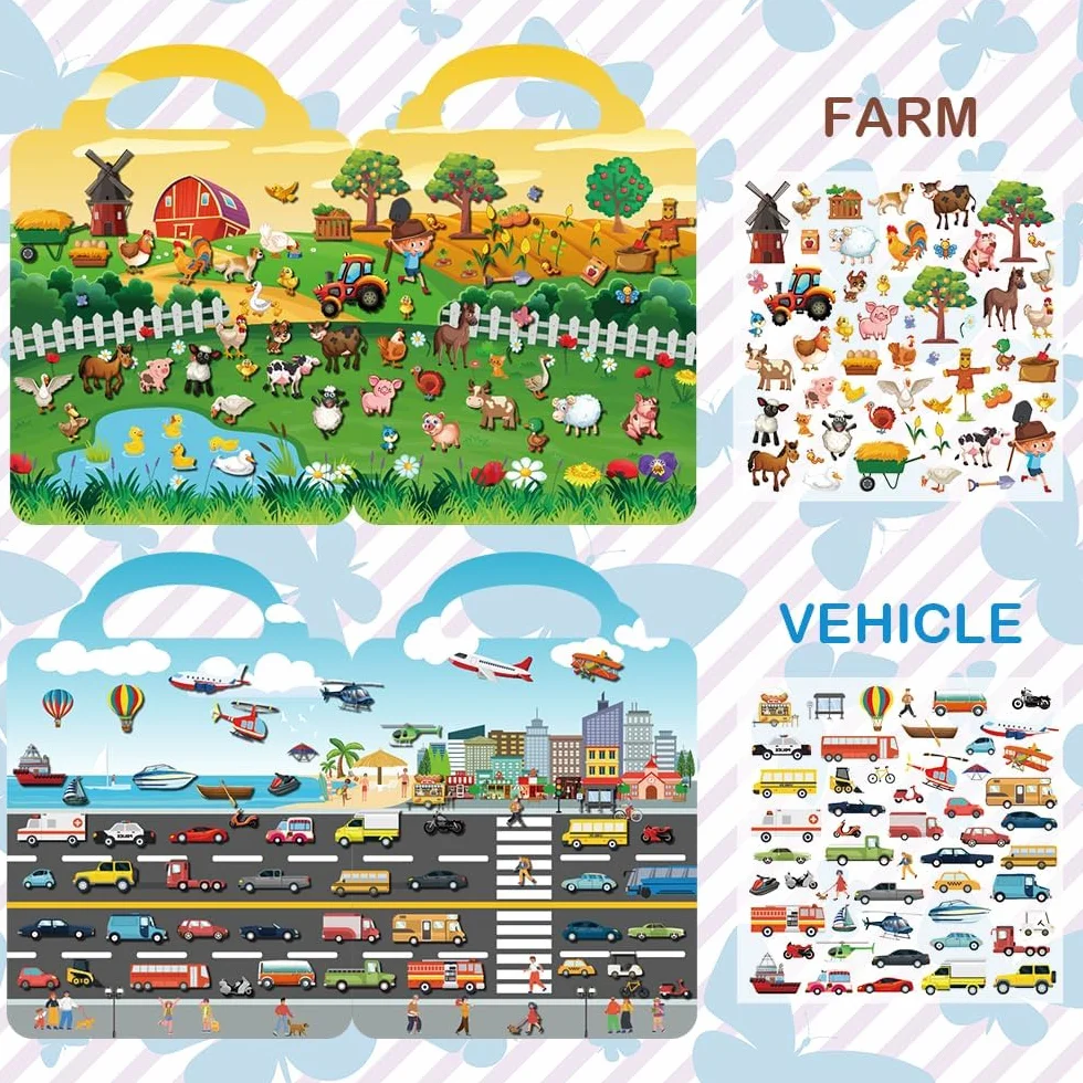 Libro adesivo riutilizzabile Farma+ per bambini 1-4 anni: 6 set di adesivi gonfiati - animale, dinosauro, mondo marino, spazio, veicolo