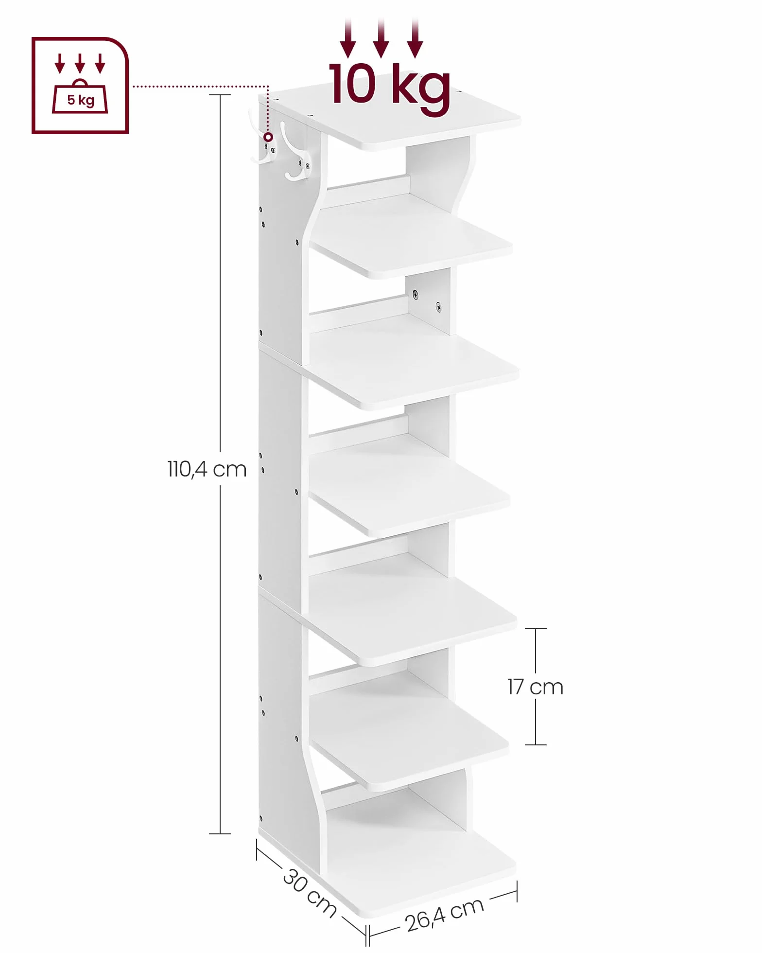 VASAGLE Scarpiera, Scaffale Portascarpe da Ingresso a 7 Livelli, Scarpiera Stretta, per Corridoio, Angolo, Cabina Armadio, Bianco LBS200T14