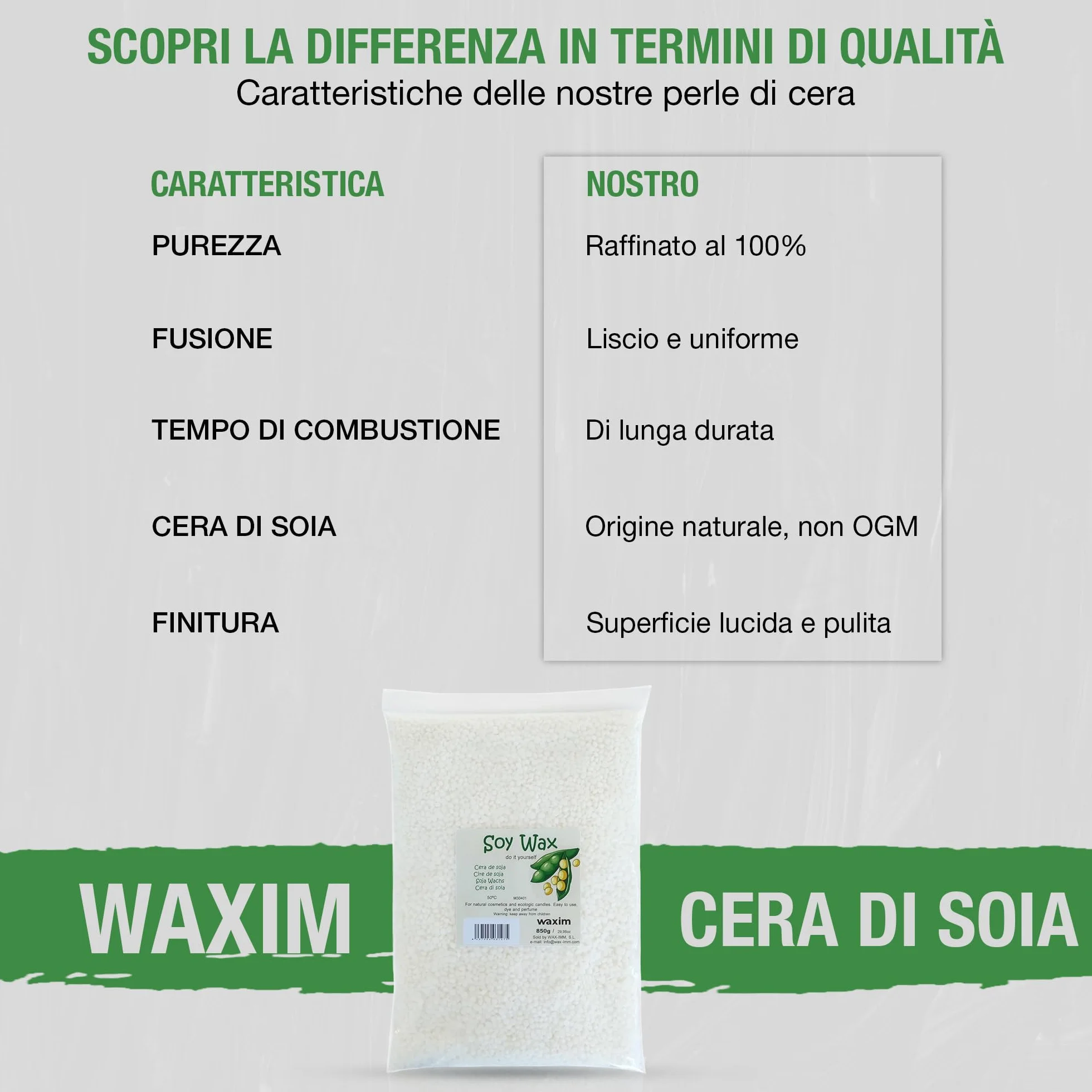 WAXIM Cera di Soia per Candele in Perle | Soy Wax Naturale per Fare Candele Fai da Te 850 g | Base Vegetale per Contenitori | Cera per Candele Fai da Te, Fusione Uniforme e Combustione Pulita