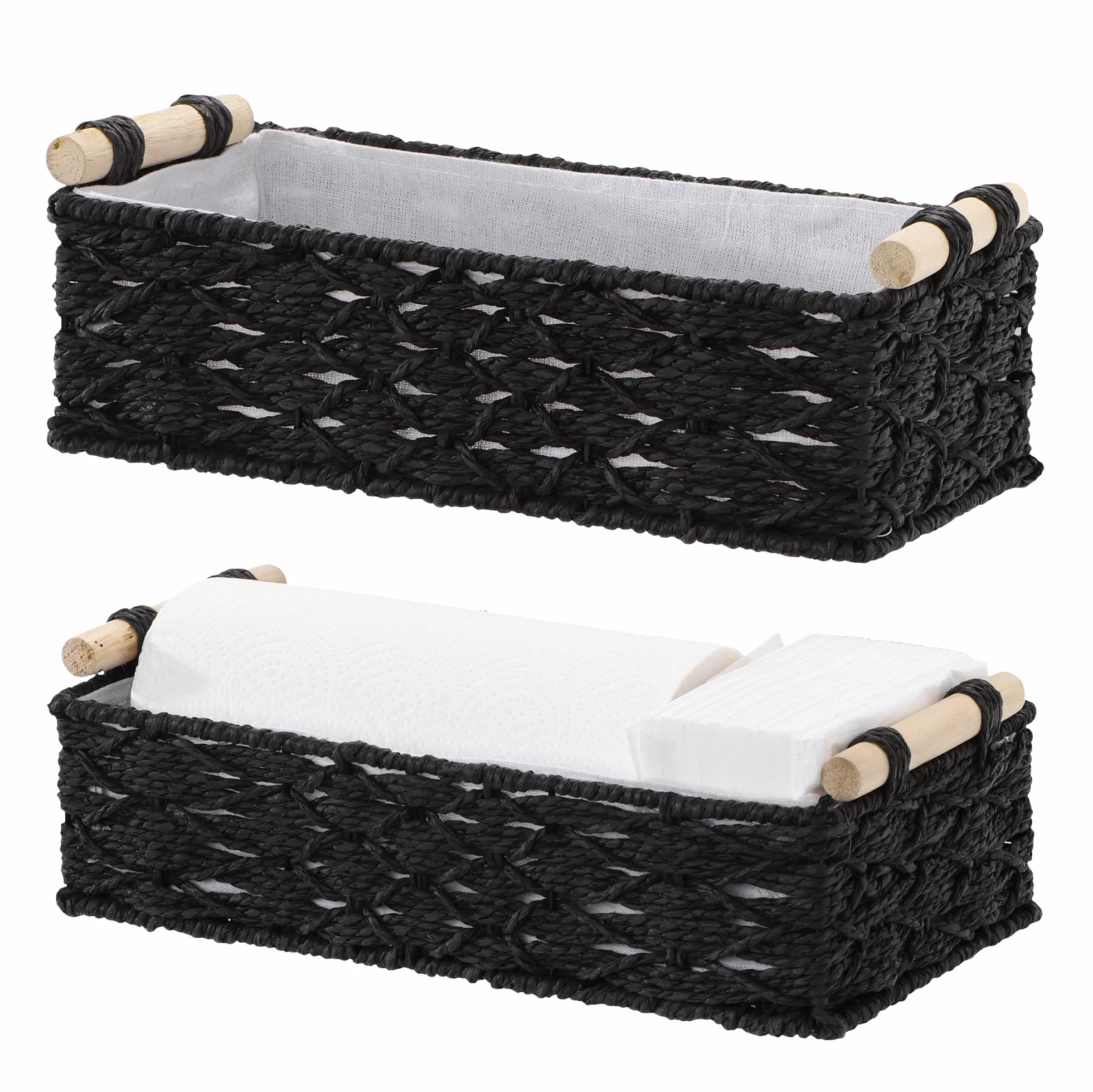 Navaris Cestino Portaoggetti - Set di 2 Cestini Porta Oggetti - Cesti in Corda di Carta con Manico in Legno - Cesto Portaoggetti in 2 Misure - Organizzazione e Arredamento Casa - Nero