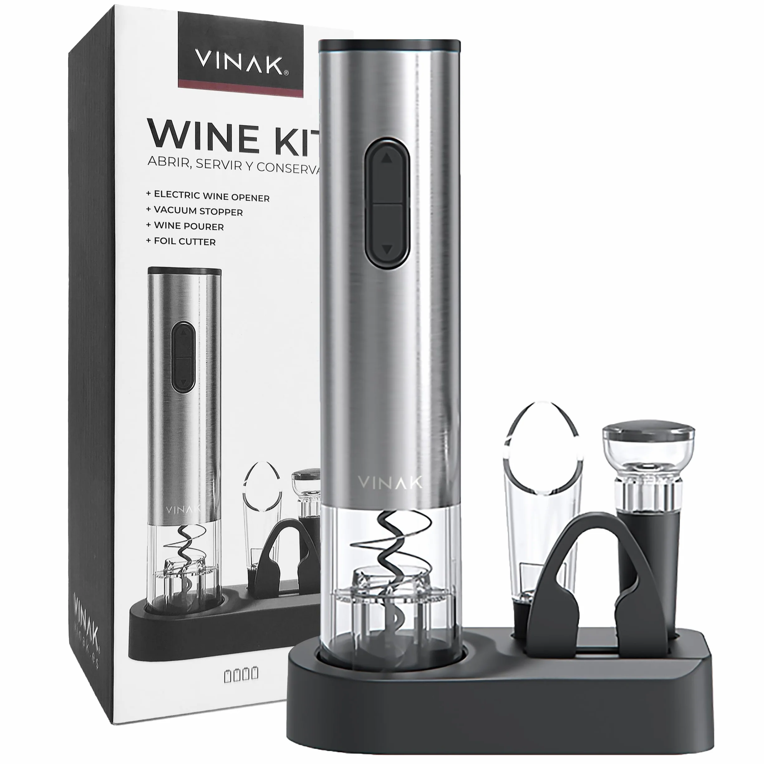 VINAK - Kit Vino Cavatappi Elettrico Batterie Acciaio Inox | Tappo Sottovuoto + Versatore + Tagliacapsule | Apertura Facile Senza Sforzo