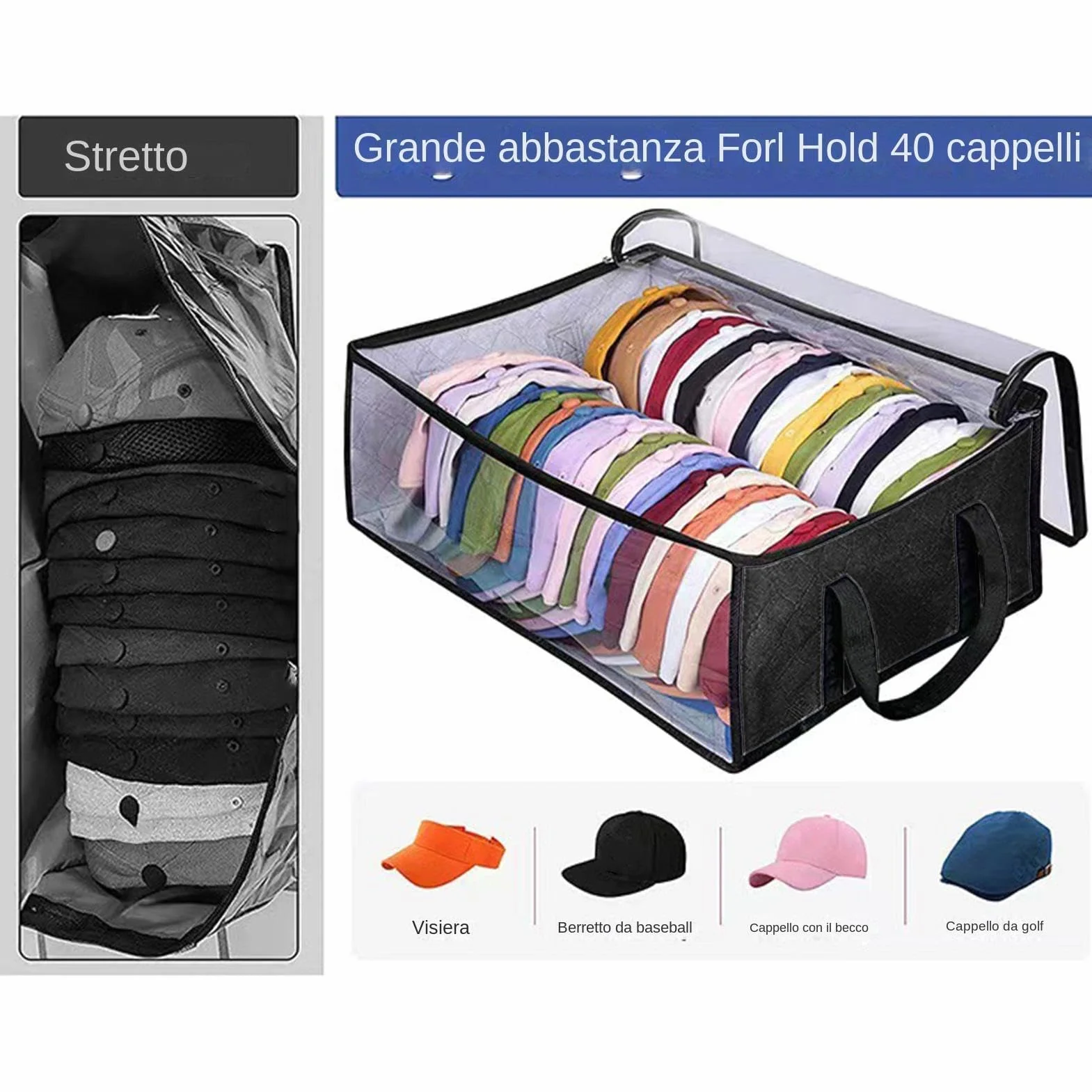 Contenitore Per Cappelli - Scatola Di Archiviazione Del Cappello, Porta Bandiera Trasparente | Custodia Piegabile Per L'organizzatore Di Cappelli Con 2 Manici Robusti, Borsa Da Stoccaggio Sotto Il Let