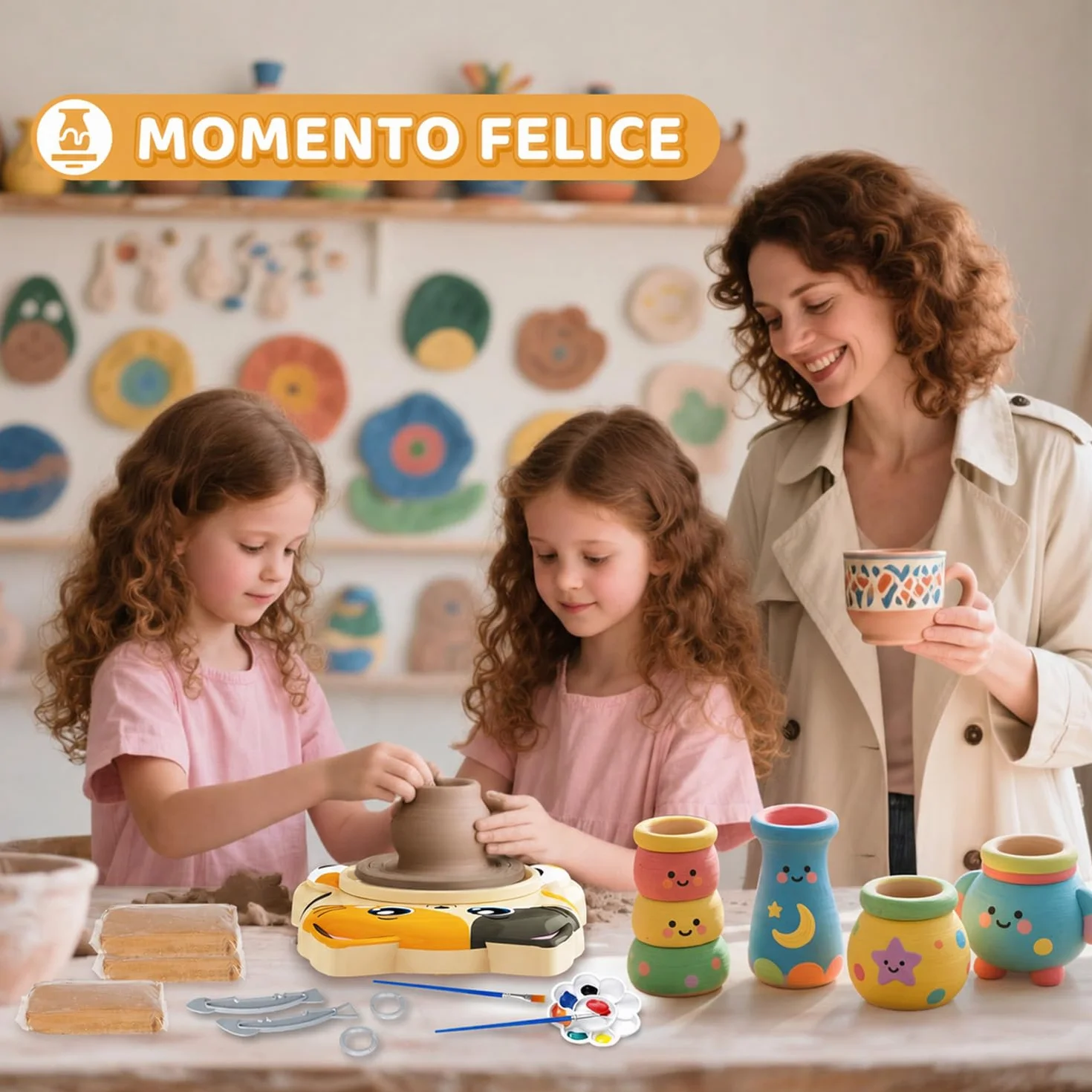 Tornio per Ceramica per Bambini - Kit Completo per Ceramica per Principianti, Set Creativo 6+ Anni con 3x Argilla ad Asciugatura all'Aria, Kit Ceramica fai da te Regalo Pasqua per Ragazzi e Ragazze