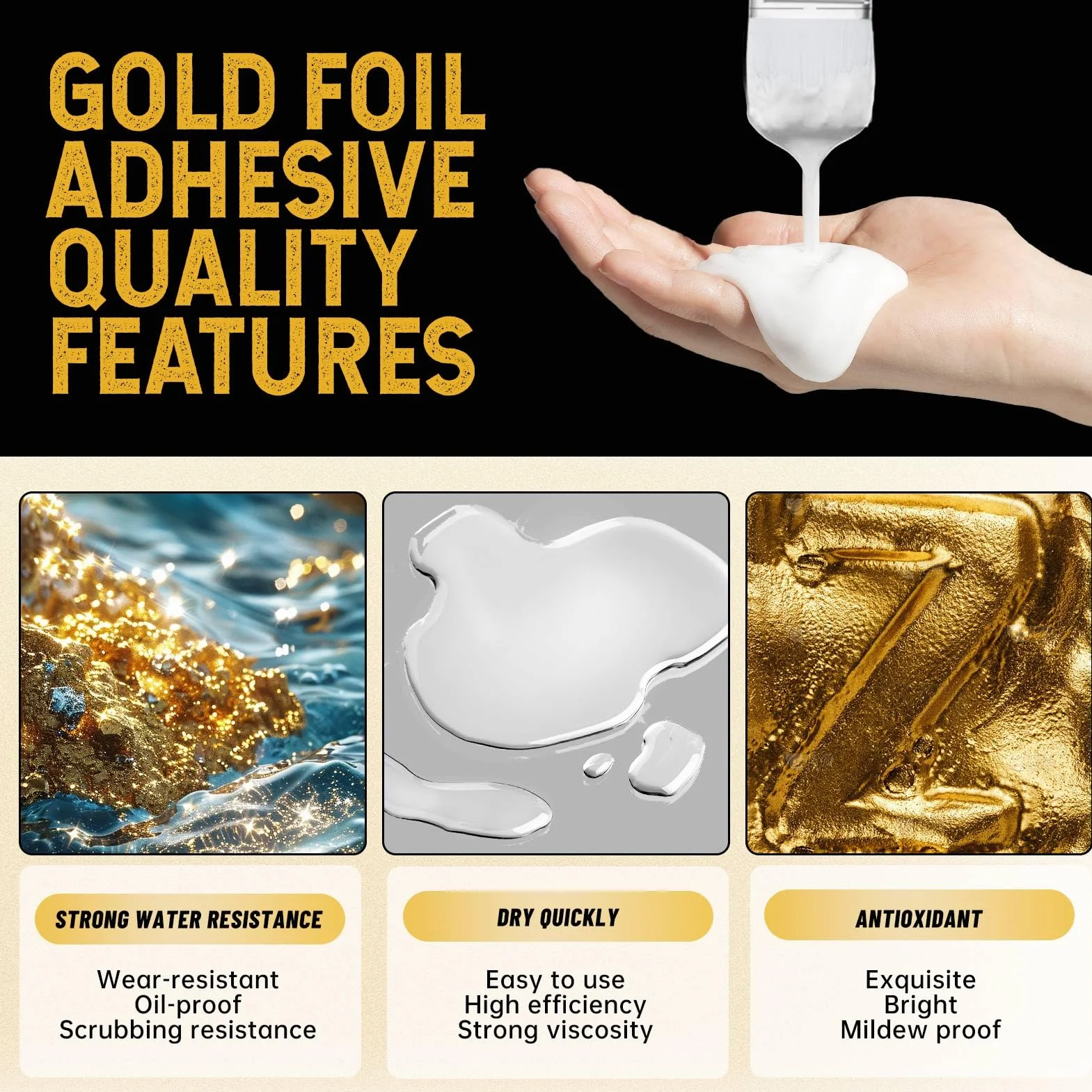 ALLONY Colla Foglia d'Oro 100 Pezzi, Include Colla da 100 ml e Vernice Protettiva a Base d'Acqua da 100 ml per Lavori Manuali Pittura