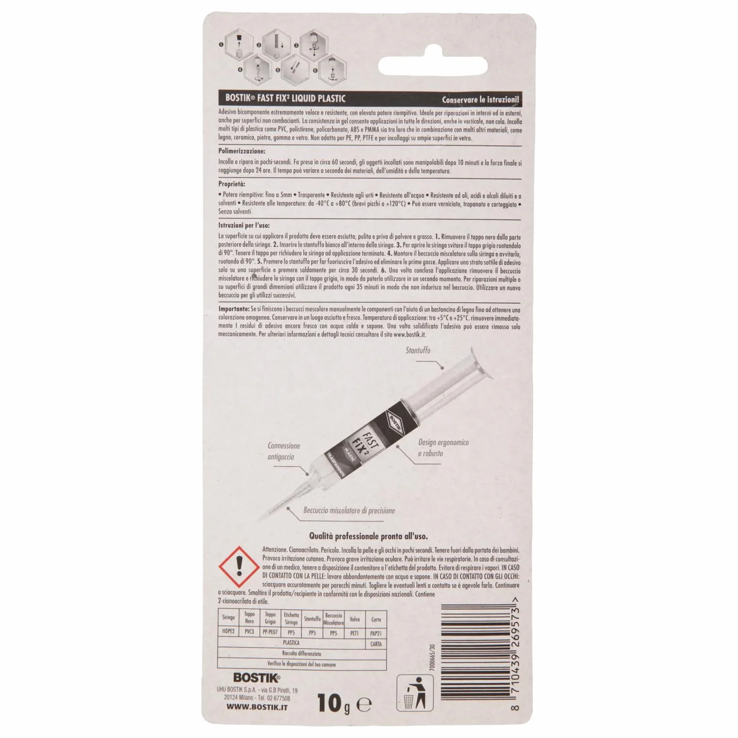 BOSTIK Fast Fix2 Liquid Plastic colle bicomponenti super forte e rapida, pronta all'uso, per materiali plastici 10g trasparente