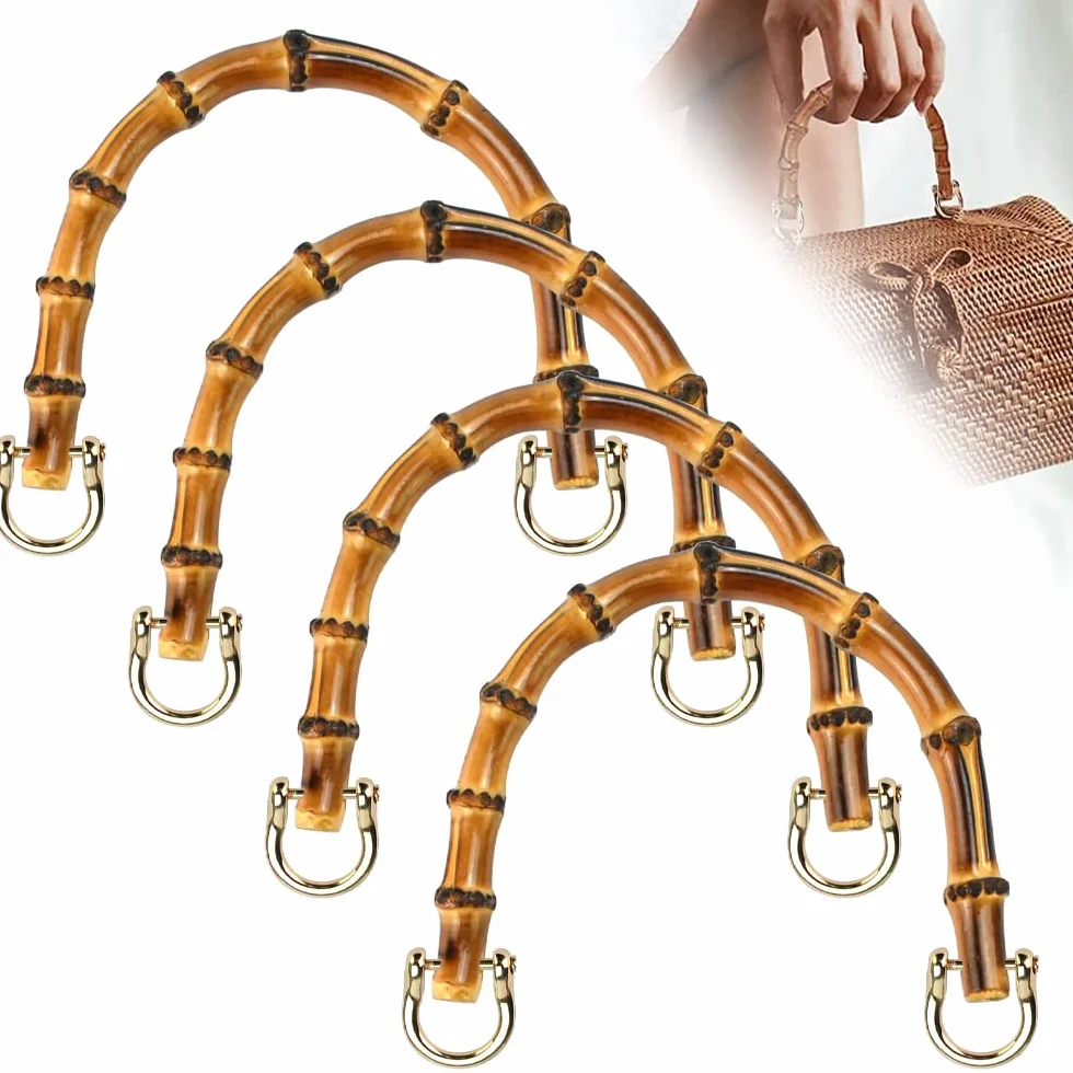 REFORUNG 4 Pz Manici in Bambù per Borse, Maniglie a Forma di U per Fai Da Te, Uncinetto Artigianale con 8 Pz Anelli in Metallo per Tote, Borsette