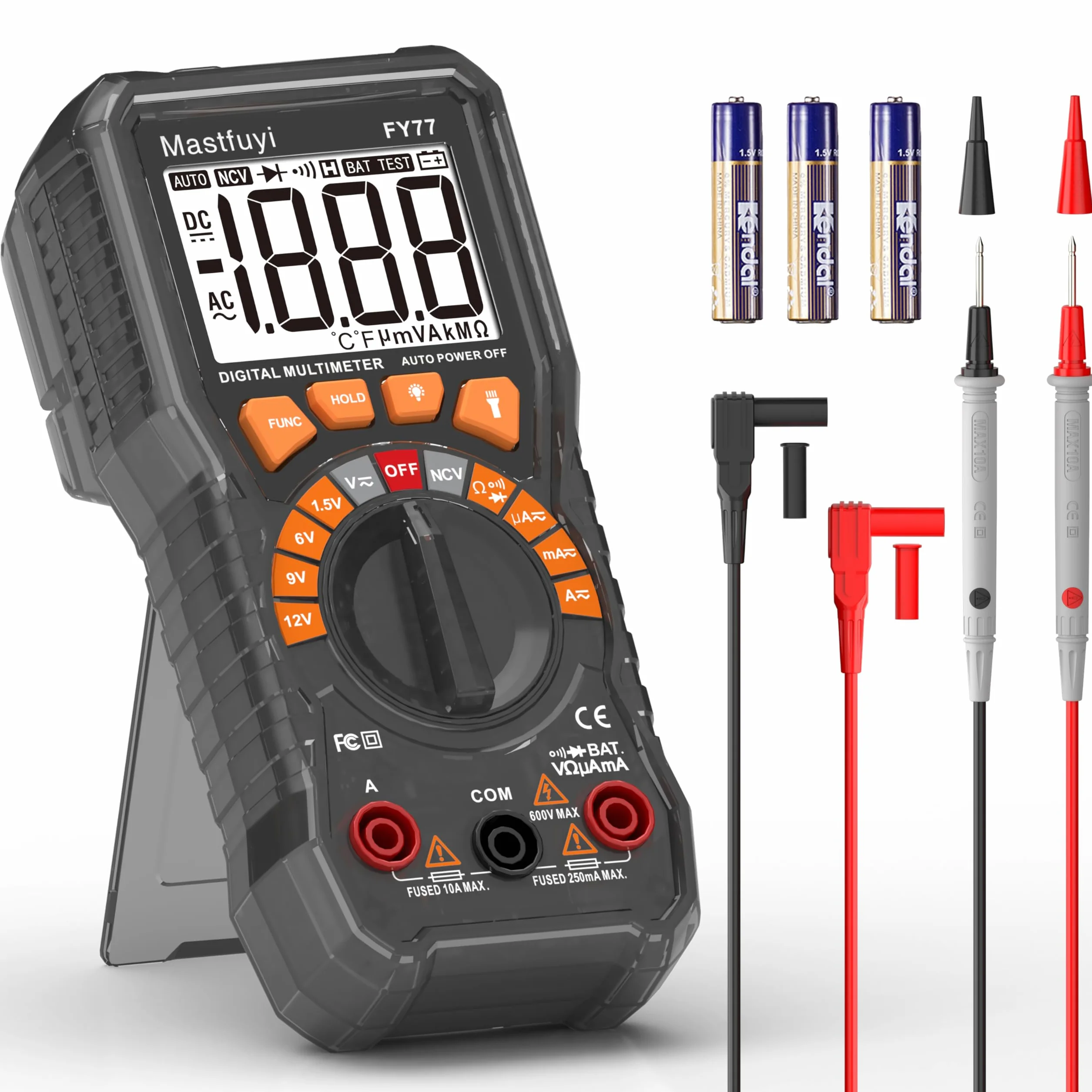 Multimetro Digitale, Tester multiplo con NCV, Test di Gamma Automatico, Tester per Batterie, Conta il Vero RMS 2000, Corrente AC/DC, Tensione AC/DC, Continuità, Resistenza, Diodo