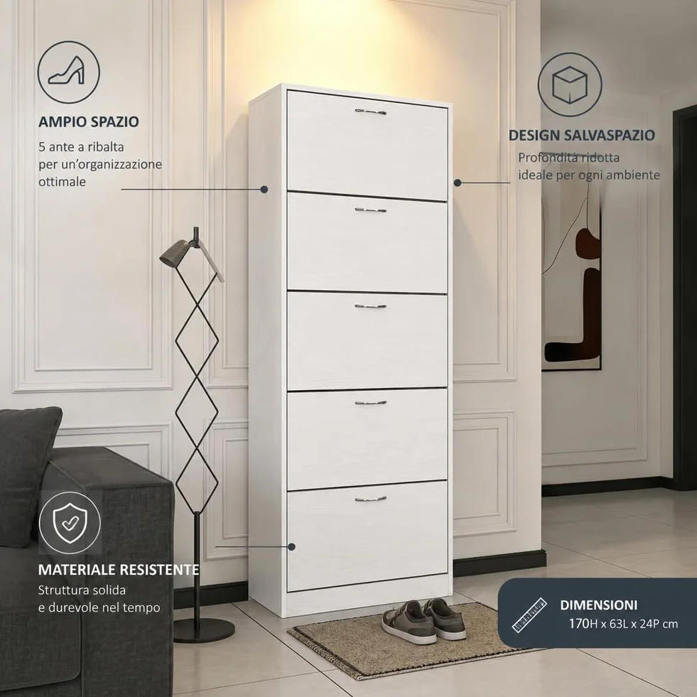 BAKAJI Scarpiera 5 Ripiani Salvaspazio con Maniglia, Portascarpe con Struttura in Legno e Ante a Ribalta con Doppio Fondo, Capacità Fino a 30 Paia di Scarpe, 63 x 24 x 170 cm (Bianco)