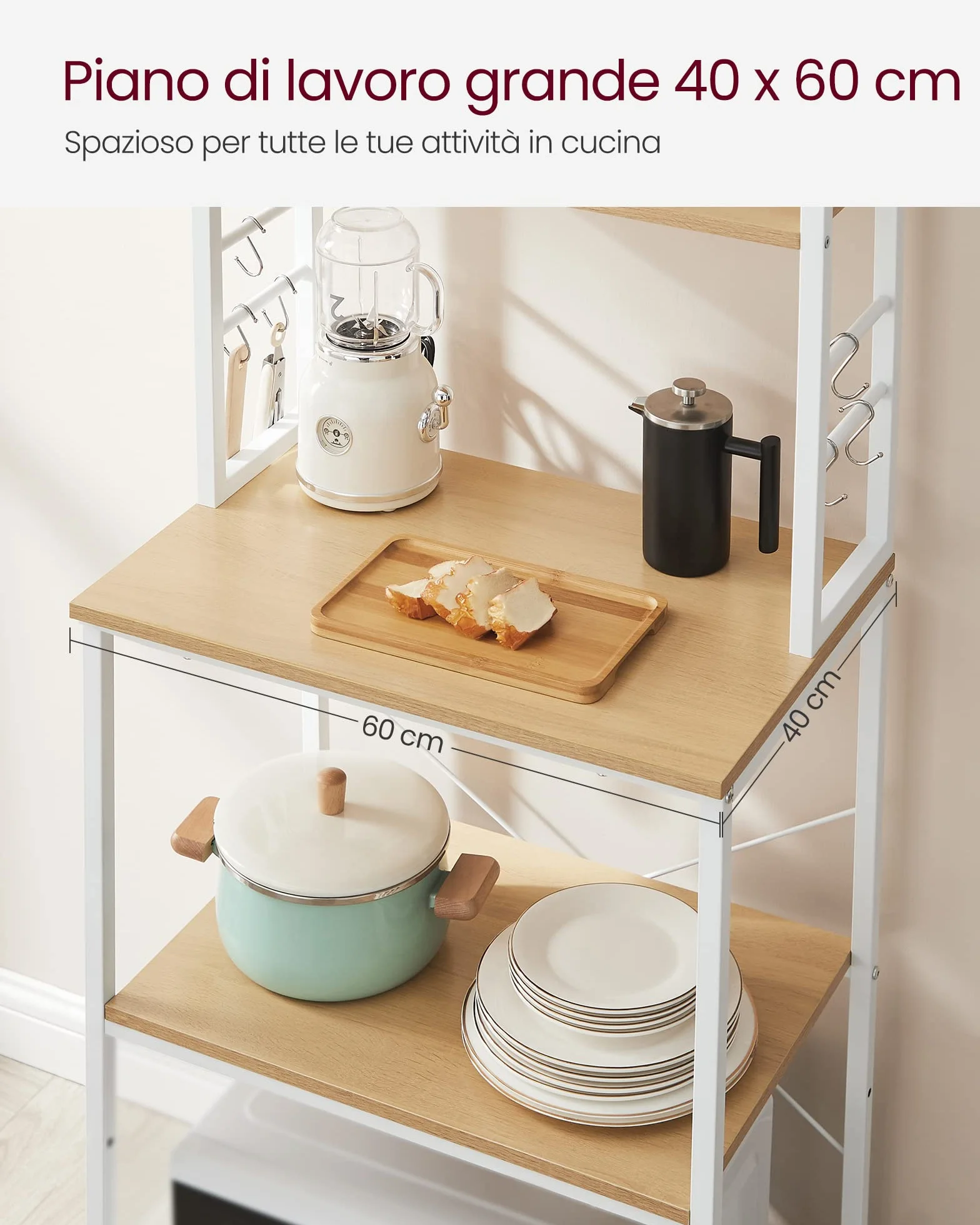 VASAGLE Scaffale Cucina, Mobile Cucina, Scaffale per Microonde, 6 Ripiani, 6 Ganci, Struttura in Acciaio, Stile Rustico, 40 x 60 x 167 cm, Rovere Dorato e Bianco Nuvola KKS024W09