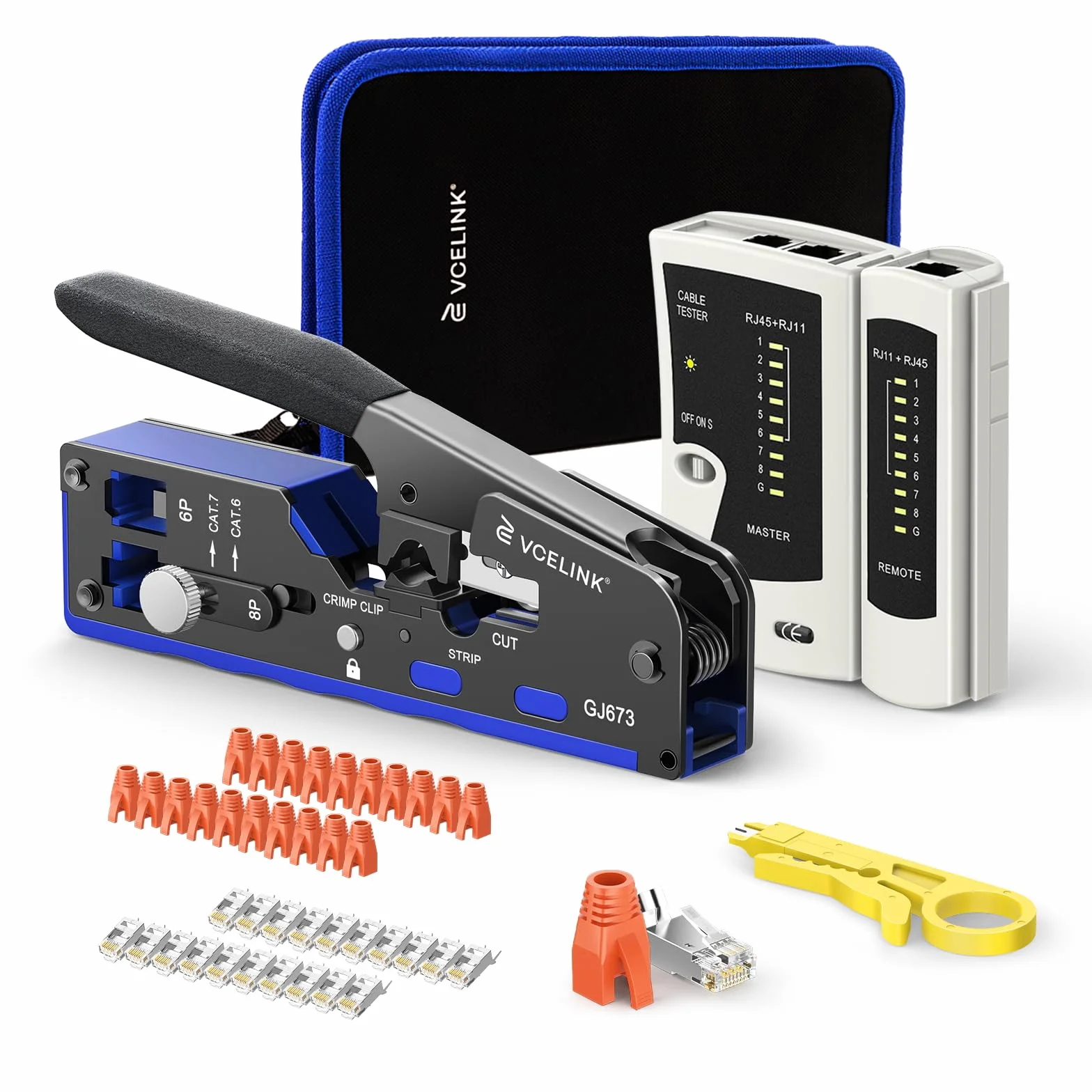 VCELINK Kit Strumenti di Rete con Crimpatrice RJ45 Passante, Compatibile CAT7/CAT6A/CAT6/CAT5E/CAT5, con 20 Pezzi Connettori Schermati, Tester LAN e Mini Spelafili, Borsa Portatile