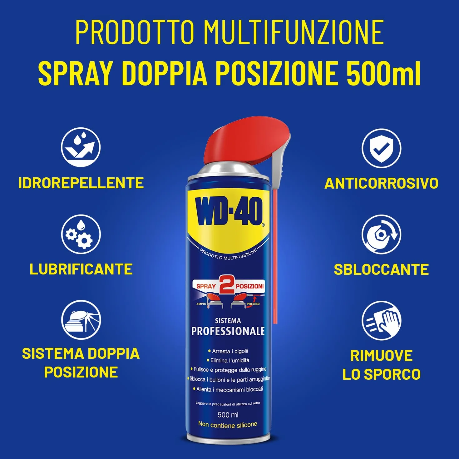 WD-40 Lubrificante Spray Multifunzione 500 ml - Sbloccante Antiruggine Idrorepellente per Metalli Plastica Gomma - Formula Professionale Senza Silicone - Casa Auto Bici Fai da Te