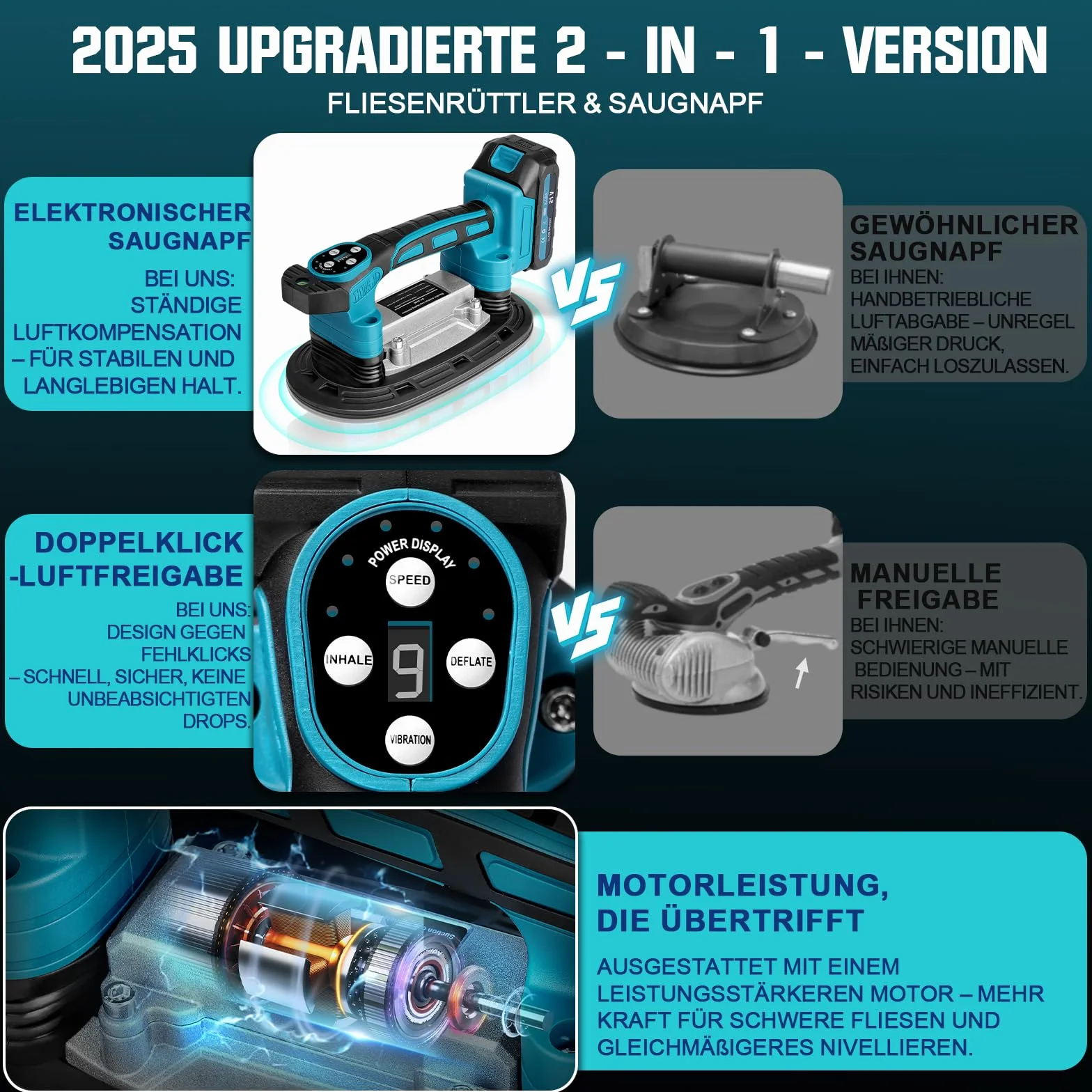 Strumento di vibrazione per piastrelle | con 2x2000mAh Batterie | ventosa da 22,5 x 12 cm | 250KG di Forza di Aspirazione | 9 velocità regolabili | Strumento oscillante per piastrelle