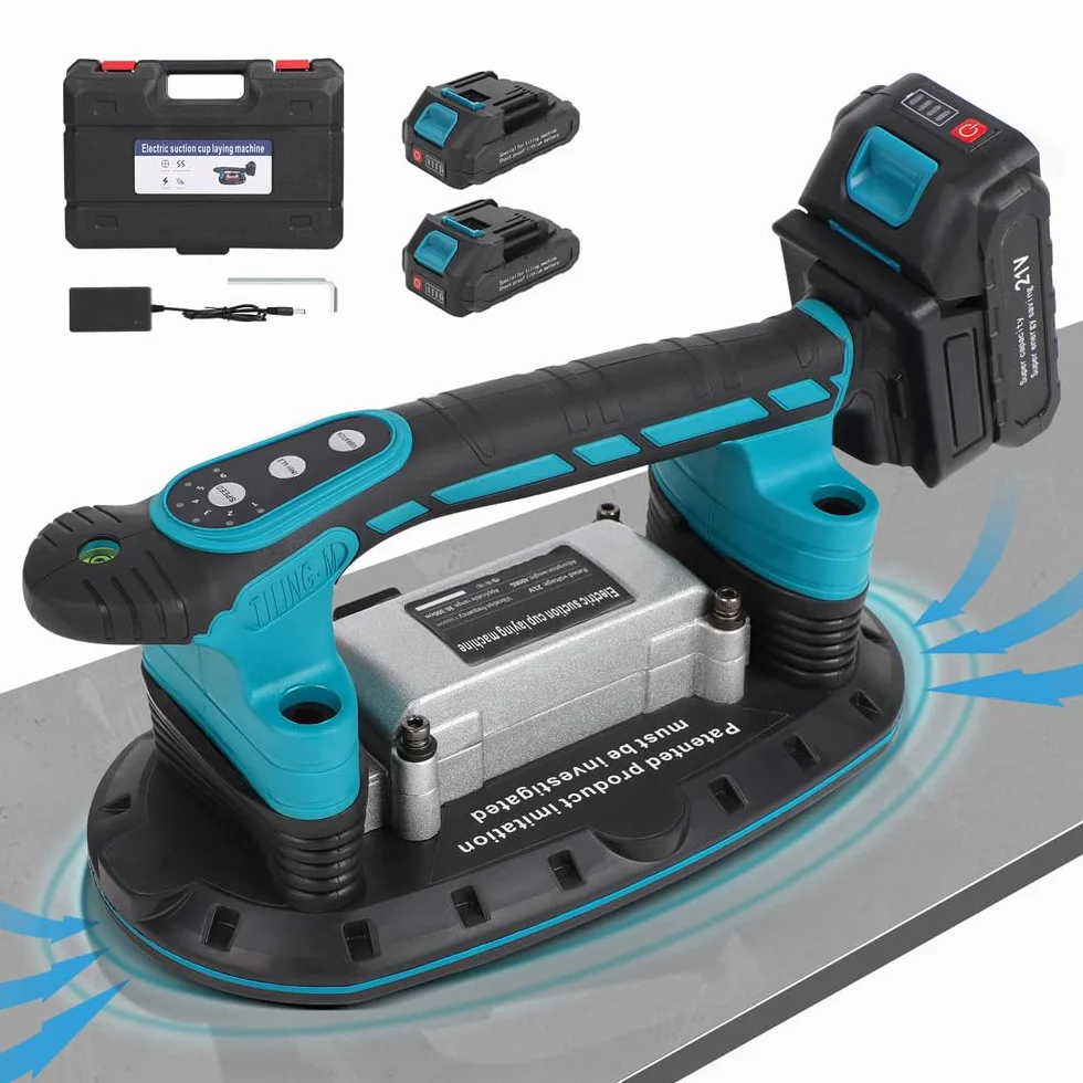 Vibratore per piastrelle, 12000 VPM, macchina per piastrelle, 30 – 225 mm, 250 kg, aggiornamento ventosa, 6 velocità, dispositivo di vibrazione per pavimenti regolabili (2 batterie da 2,5 Ah