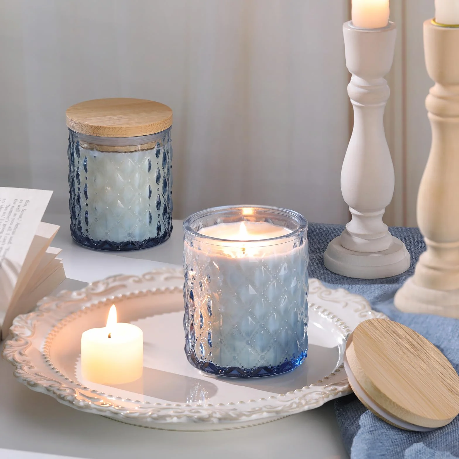 LETINE Set di 6 barattoli in vetro blu da 200 ml con coperchio, portacandele da riempire, portacandele per la produzione di candele, adesivi per stoppini di candela, etichette per candele, stoppino