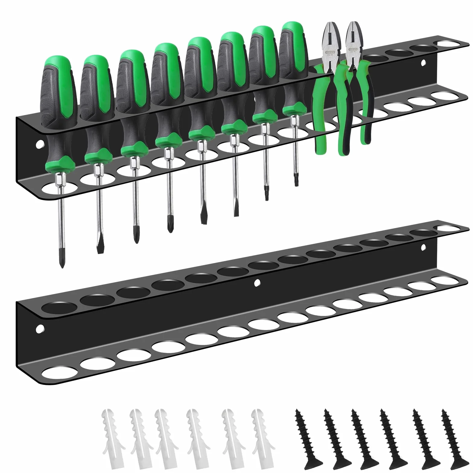 Supporto per pinza da parete, set da 2 pezzi, 14 fori, da parete, organizer per chiavi a pinza, supporto per cacciavite con tubi di espansione, supporto per attrezzi per garage, officina, banco da