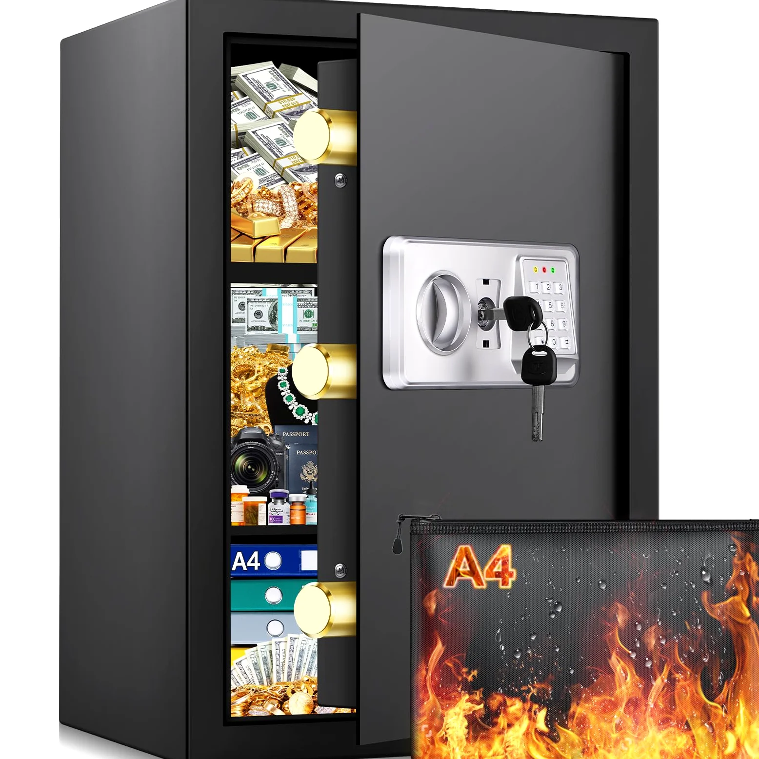 Mejasg Cassaforte ignifuga con custodia per documenti ignifuga e 2 ripiani rimovibili, 75 l, cassaforte per mobili, grande con sistema di allarme, lettore digitale per casa, contanti, gioielli