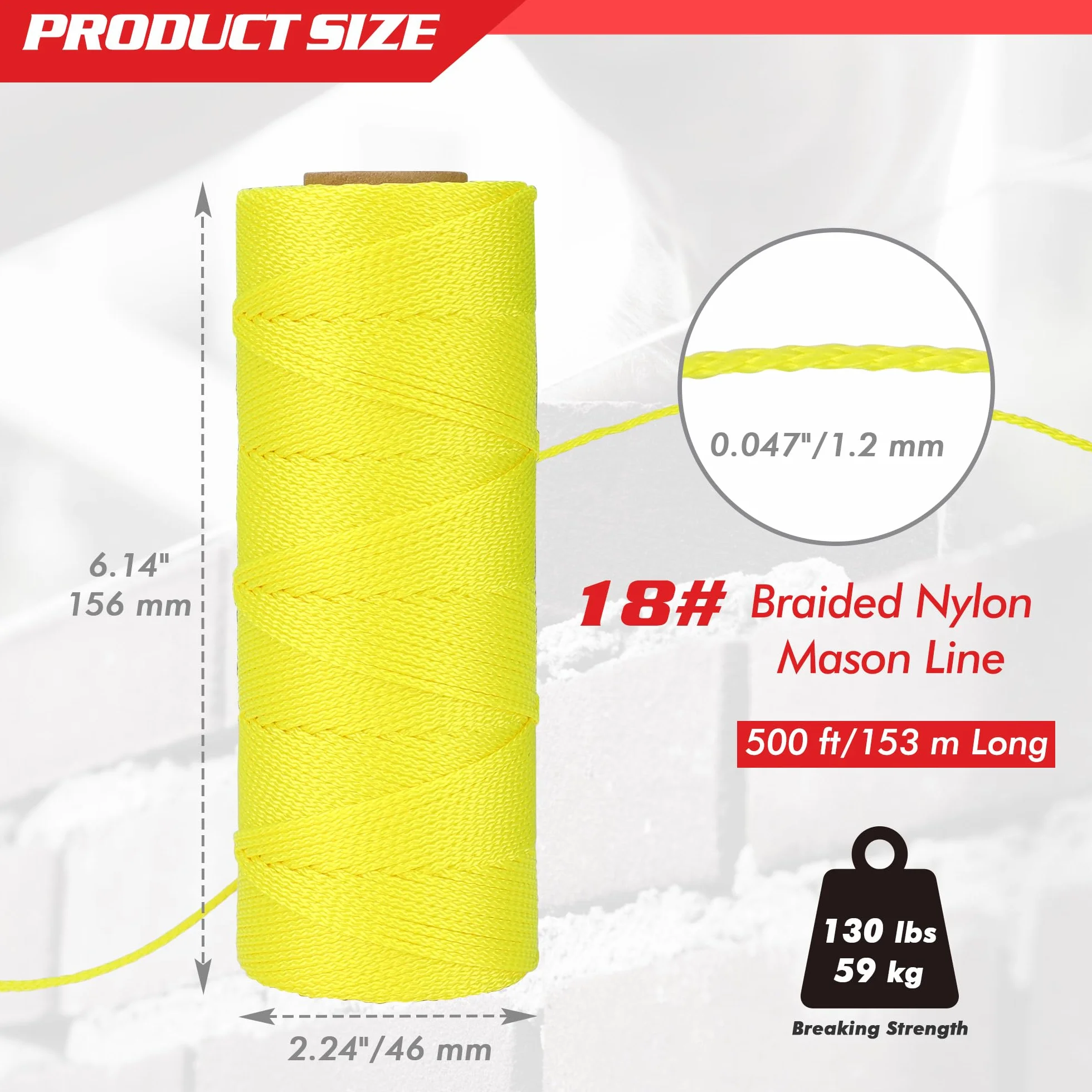 Goldblatt Filo per Muratura, Filo per Muratura in Nylon Intrecciato, Diametro 1,2 mm x 153 m, Giallo Fluo, Resistente a Intemperie e Usura, per Allineamento Pavimenti