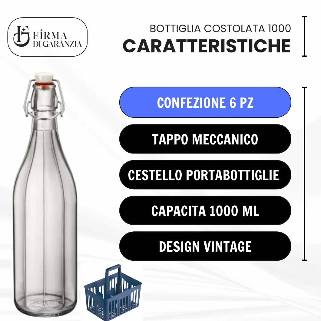 Bottiglie Vetro 1 L con Portabottiglie Plastica Blu Cobalto - Set 6 Pezzi per Acqua Vino Limoncello