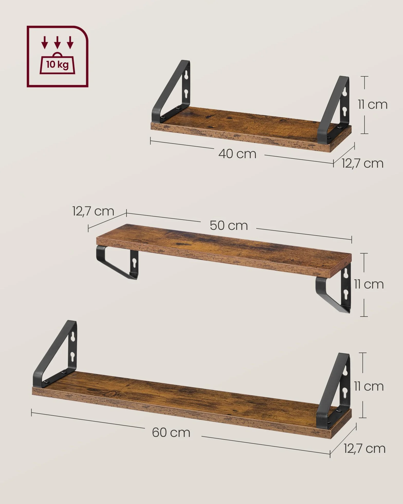 VASAGLE Mensole da Muro, Mensole da Parete, Set di 3, 2 Modalità di Montaggio, 40/50/60 cm, per Soggiorno Cucina Studio Bagno, Marrone Vintage e Nero Opaco LWS043K01