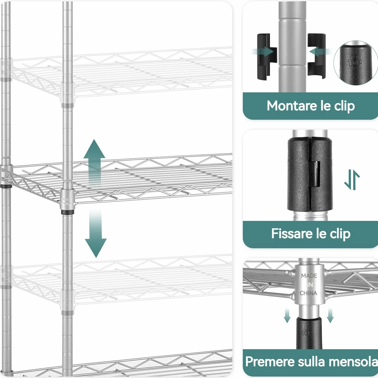 Himimi Scaffale in Filo Metallico a 6 Livelli con Ruote, Regolabile in Altezza, Scaffale in Piedi Resistente con Gancio per Bagno Cucina Garage Camera da Letto Argento