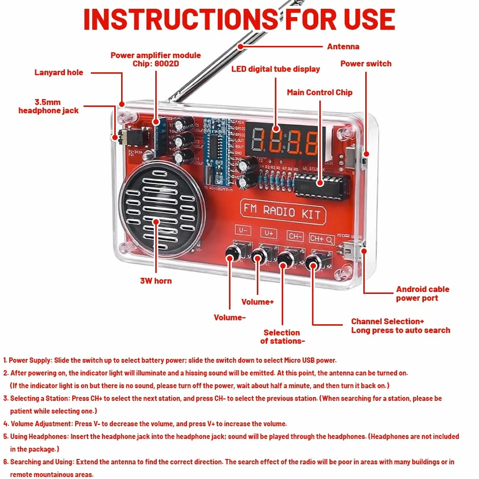 Kit per esercizi di saldatura elettronica con radio digitale e display, kit per elettronica fai da te con modulo di ricarica per principianti, studenti e formazione STEM, pratico set di apprendimento
