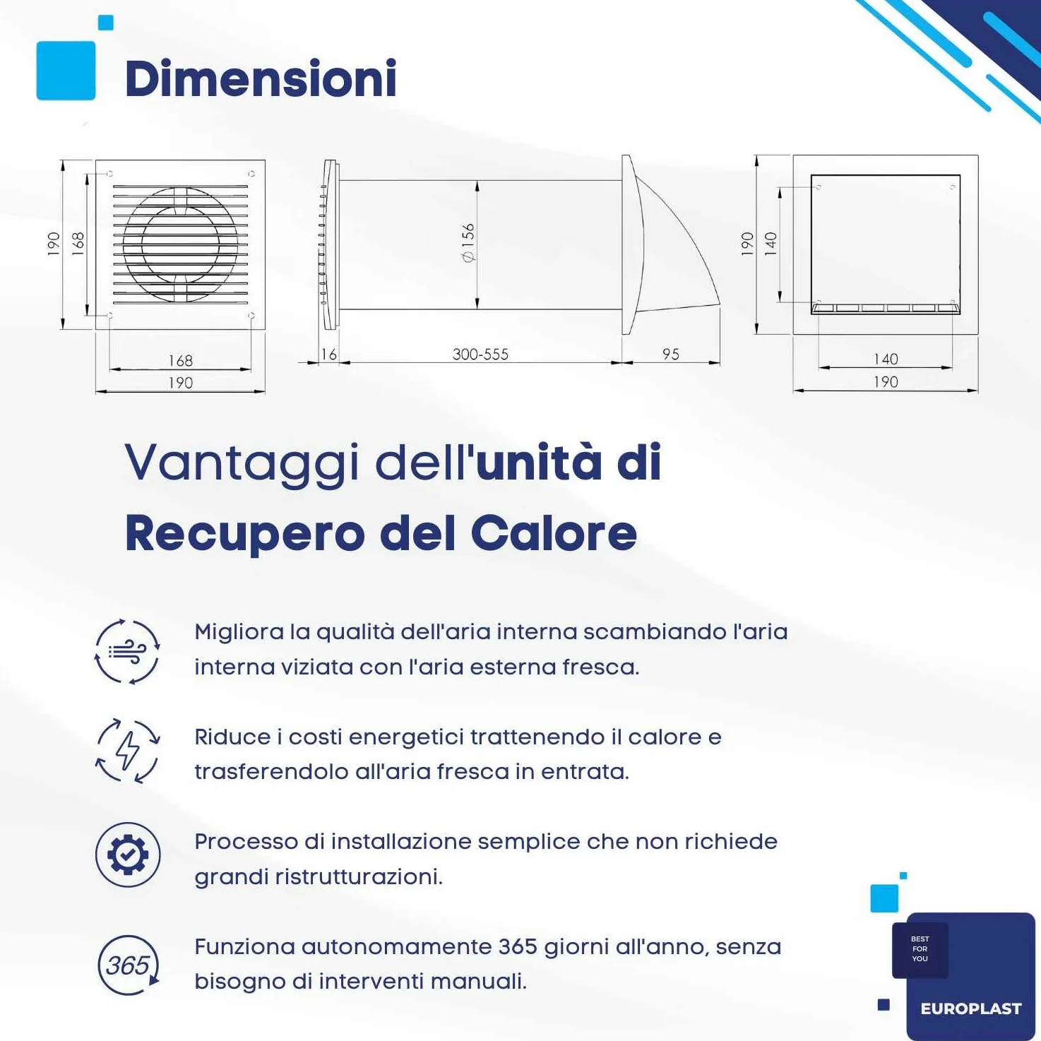 EUROPLAST Ø 150mm Ventilazione Monostanza con Recupero di Calore - Unità di VMC Decentralizzata a Flusso Alternato - Ventilazione Meccanica Controllata