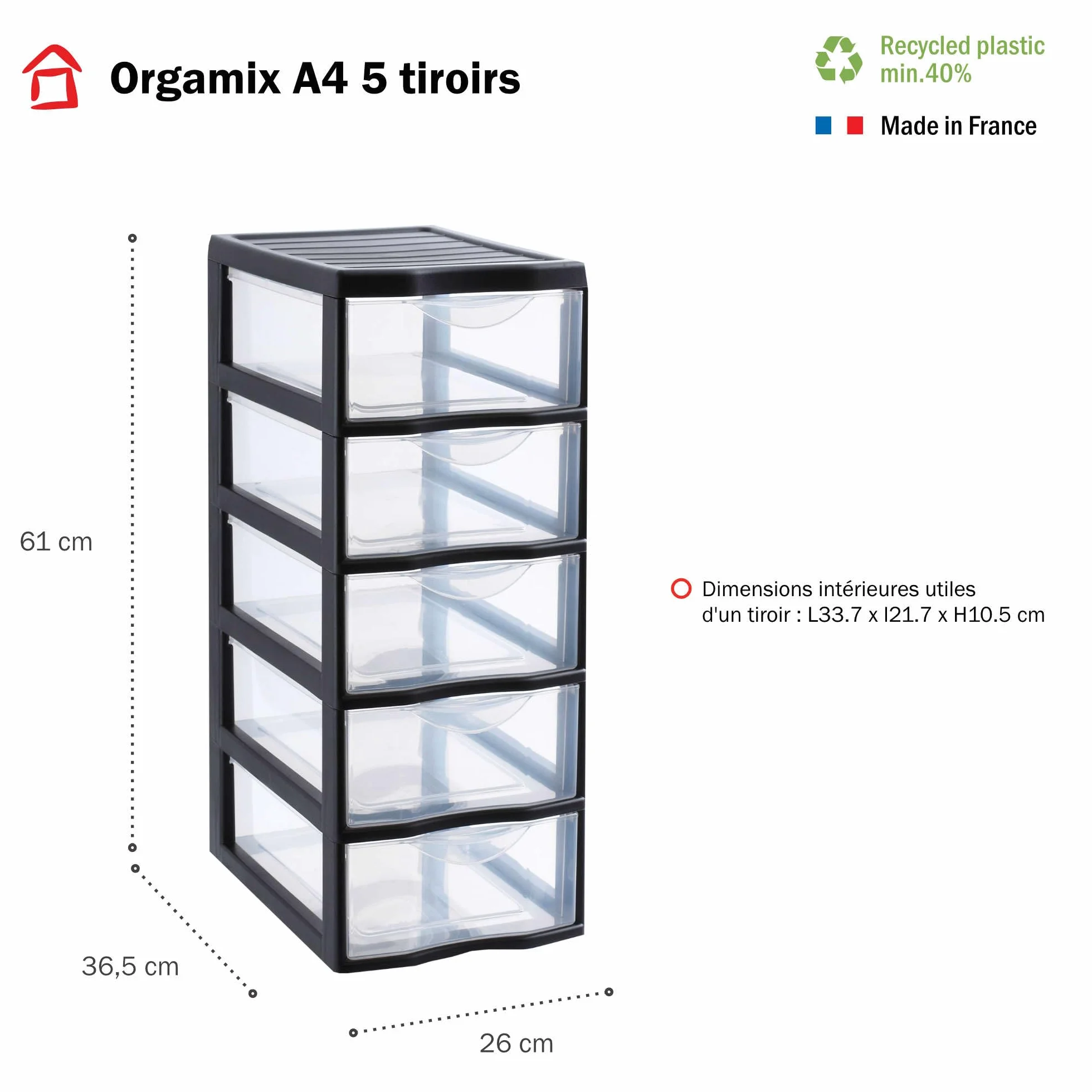 Cassettiera Plastica 5 Cassetti A4 Trasparenti Altezza 61 cm per Ufficio Archiviazione