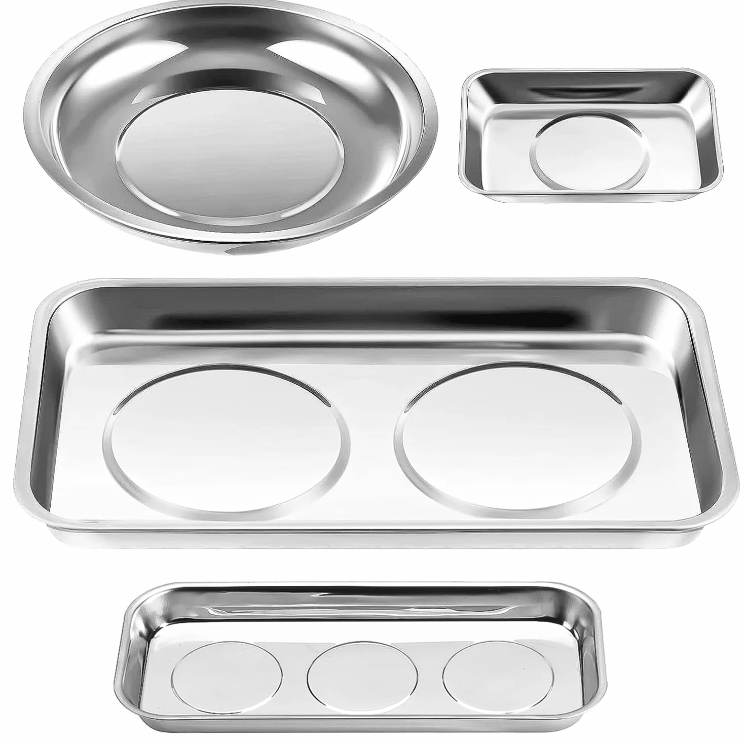4 Pezzi Officina Vassoio Magnetico Kit, Vassoi in Acciaio Inossidabile Includono Vassoi per Utensili Rotondi e Rettangolari, per Attrezzi, Viti, Punte e Chiodi (4)