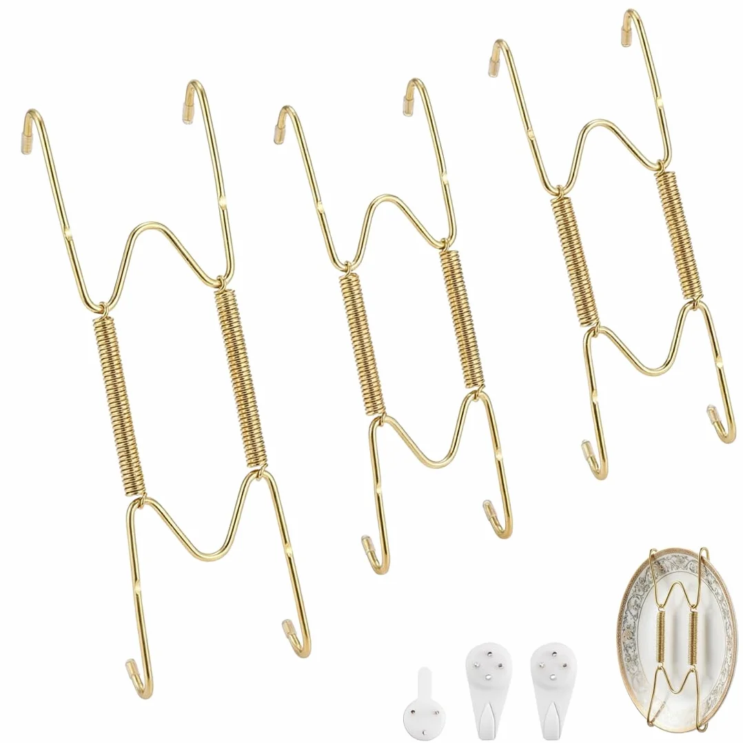 Set da 3 Ganci per Piatti da Parete, Porta Piatti in Acciaio Inox per Esposizione, Supporto per Piatti Decorativi 5-10,5 Pollici (6"8"10") Dorato