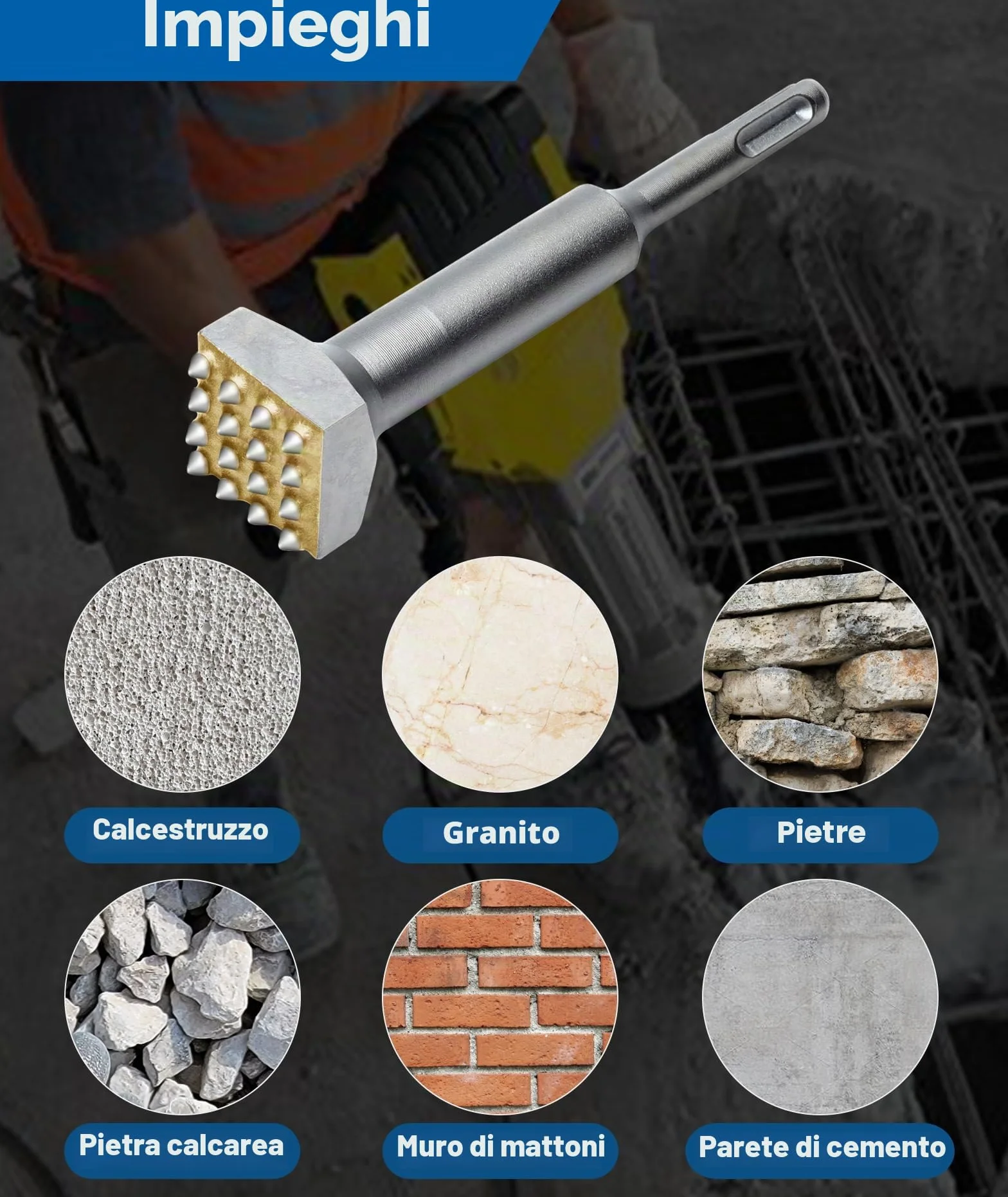 Sds Plus Bocciarda per Pietra Scalpello per Piastrelle Scalpello a Testa Quadrata Punta per Martello Elettrico a Testa Quadrata Da 40 Cr per Ponti In Pietra(SDS Plus 16T Round handle