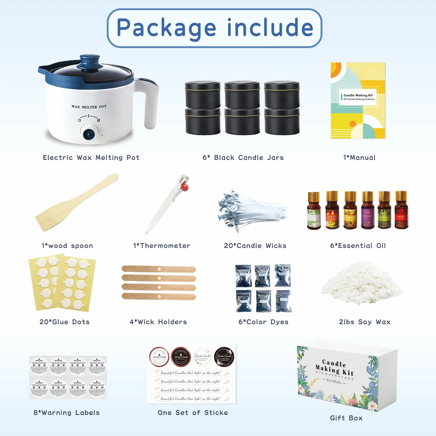Kit di fabbricazione di candele di soia con fonditore di cera elettrico, Kit per Produzione di Candele per Principianti, inclusi 2 libbre di cera di soia, stoppini, profumi, coloranti, barattoli