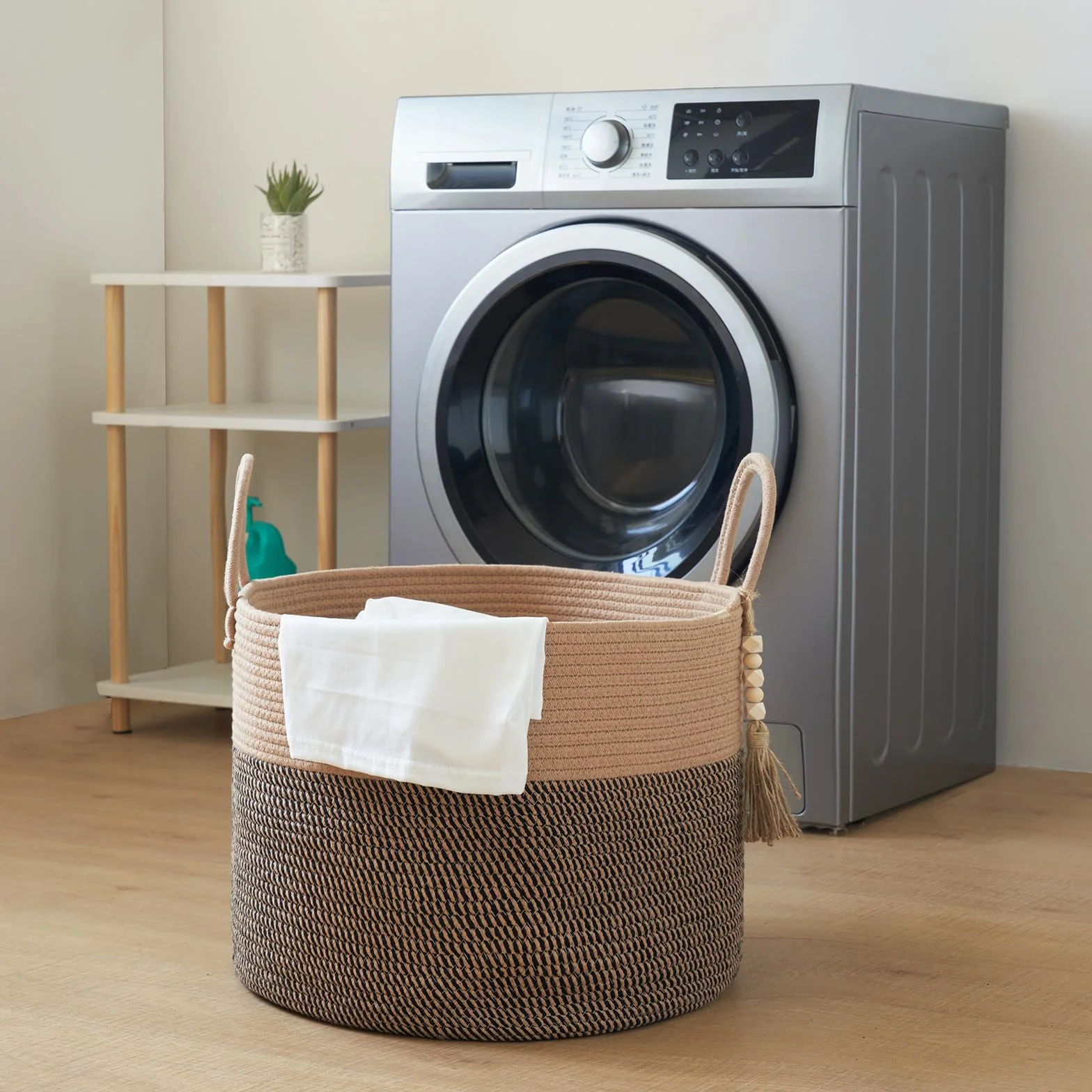 YOUDENOVA Cesto portabiancheria con perline decorative in legno, cestino portaoggetti per giocattoli per bambini, cestino per coperte in corda di cotone grande, cestino portaoggetti intrecciato